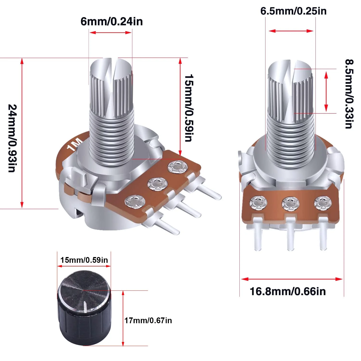 Taiss/3 Pcs 10K Ohm Linear Taper Adjustable Rotary Potentiometer Change Resistance WH148 B10K 3 Pin with XH2.54-3P Connector Wire Cable + Black Knob Cover Cap 148-10k-BKL - Image 5