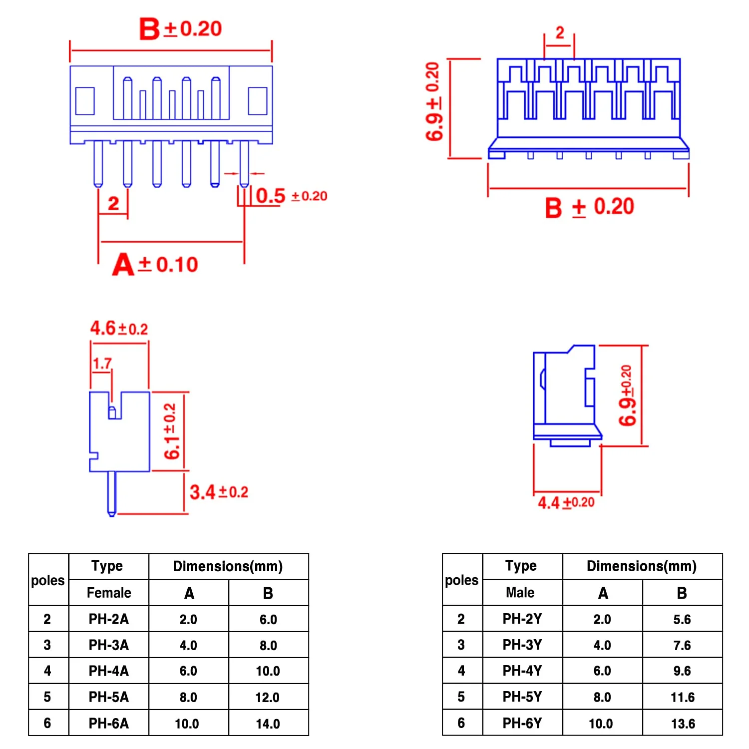 Taiss 580PCS JST PH Connector kit 2.0mm 2/3/4/5/6Pin Housing,Female and Male Adapter Cable Connector Plug,PH2.0mm Female Pin Connectors,JST Connector F-066-580PCS JST PH2.0mm Connector kit - Image 2