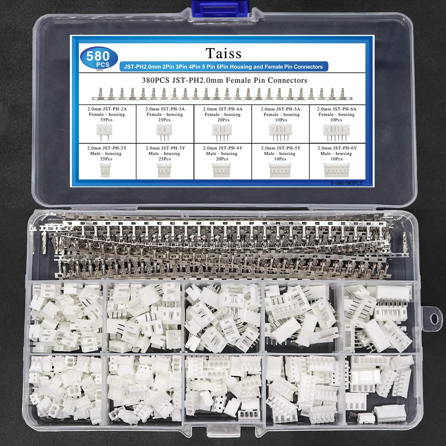 Taiss 580PCS JST PH Connector kit 2.0mm 2/3/4/5/6Pin Housing,Female and Male Adapter Cable Connector Plug,PH2.0mm Female Pin Connectors,JST Connector F-066-580PCS JST PH2.0mm Connector kit - Image 6