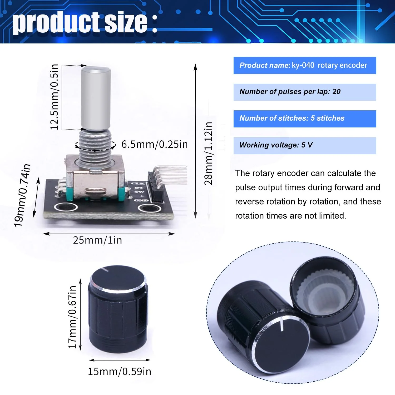 Taiss KY-040 Rotary Encoder Module KY-040 360 Degree Rotary Encoder Switch with Push Button for Automotive Electronics Multimedia Audio KY-040 Pack of 5 - Image 2