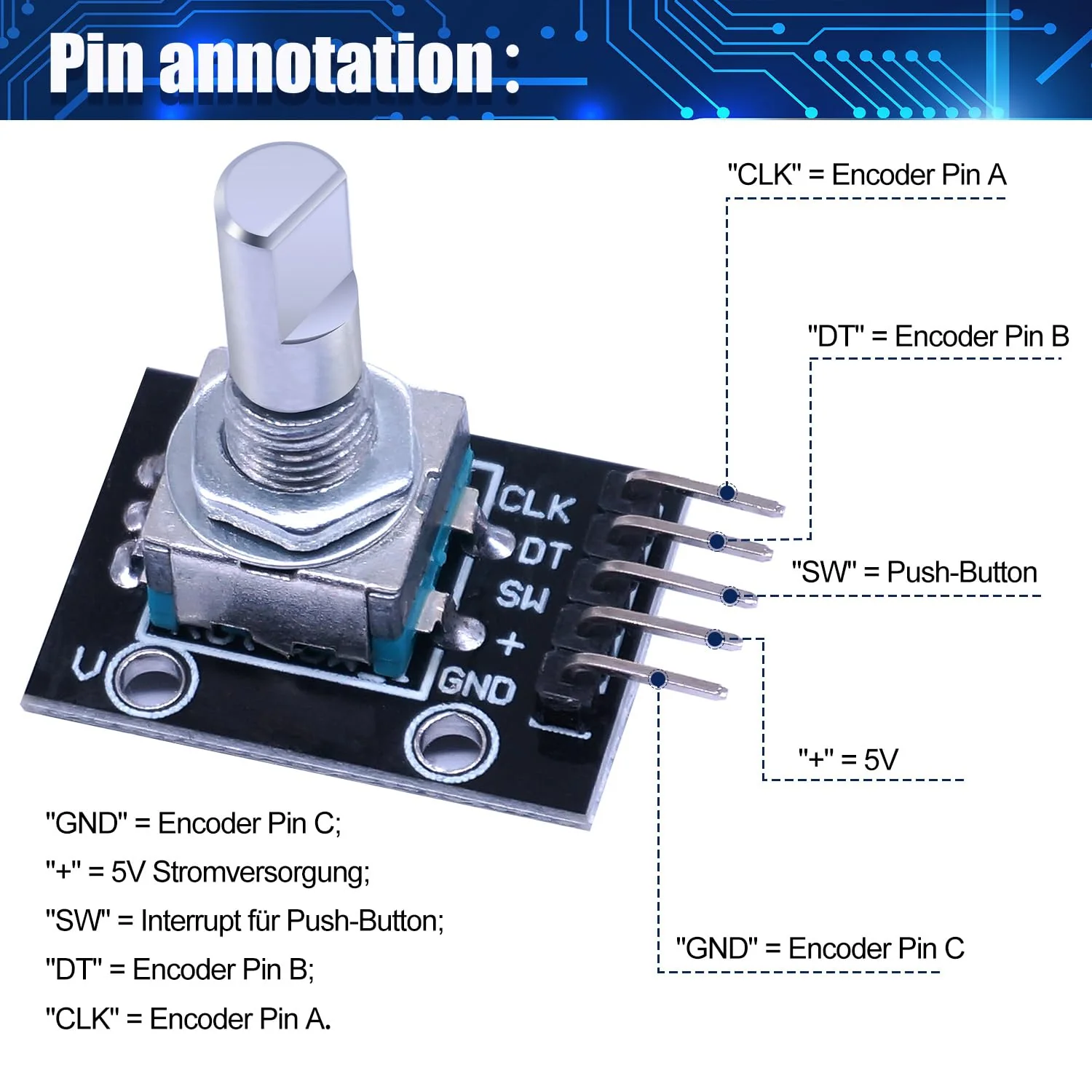 Taiss KY-040 Rotary Encoder Module KY-040 360 Degree Rotary Encoder Switch with Push Button for Automotive Electronics Multimedia Audio KY-040 Pack of 5 - Image 3