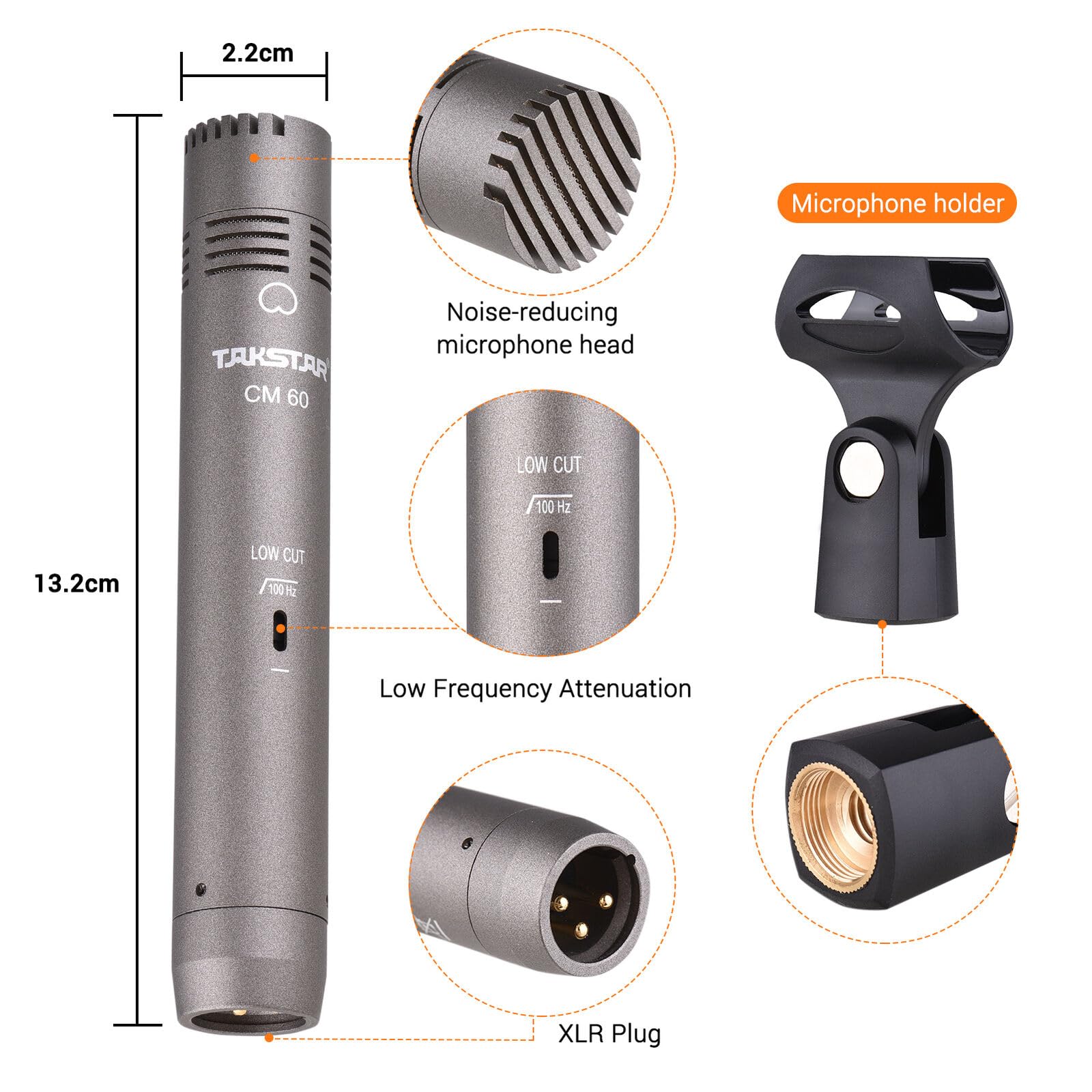TAKSTAR CM-60 Instrument Microphone with Windscreen, Professional Cardioid Condenser Mic, XLR Gold-Plated Diaphragm Sound Head Microphone for Studio, Instrument, Interview, Radio Stations, Broadcast - Image 6