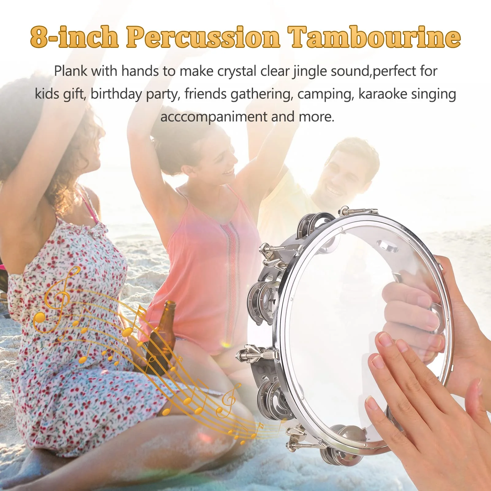 Tambourine, Handbell, Jingle Bell Double Row Metal Cymbals Drum Instrument, Handheld Percussion for Dancing, Singing, Karaoke, Music Class (8-inch) 8-inch - Image 3