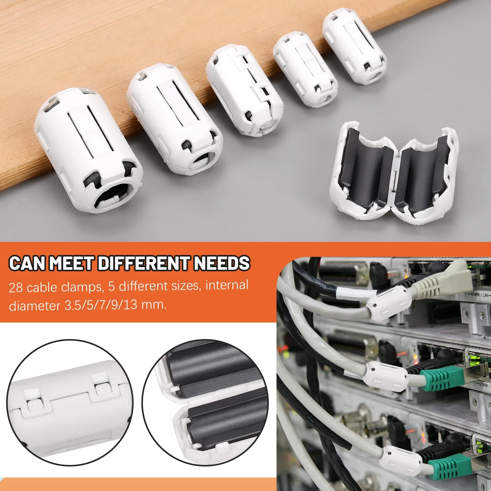 Tanstic 28Pcs White Clip-on Ferrite Ring Core RFI EMI Noise Suppressor Cable Clip for 3.5mm 5mm 7mm 9mm 13mm Diameter Cable - Image 6