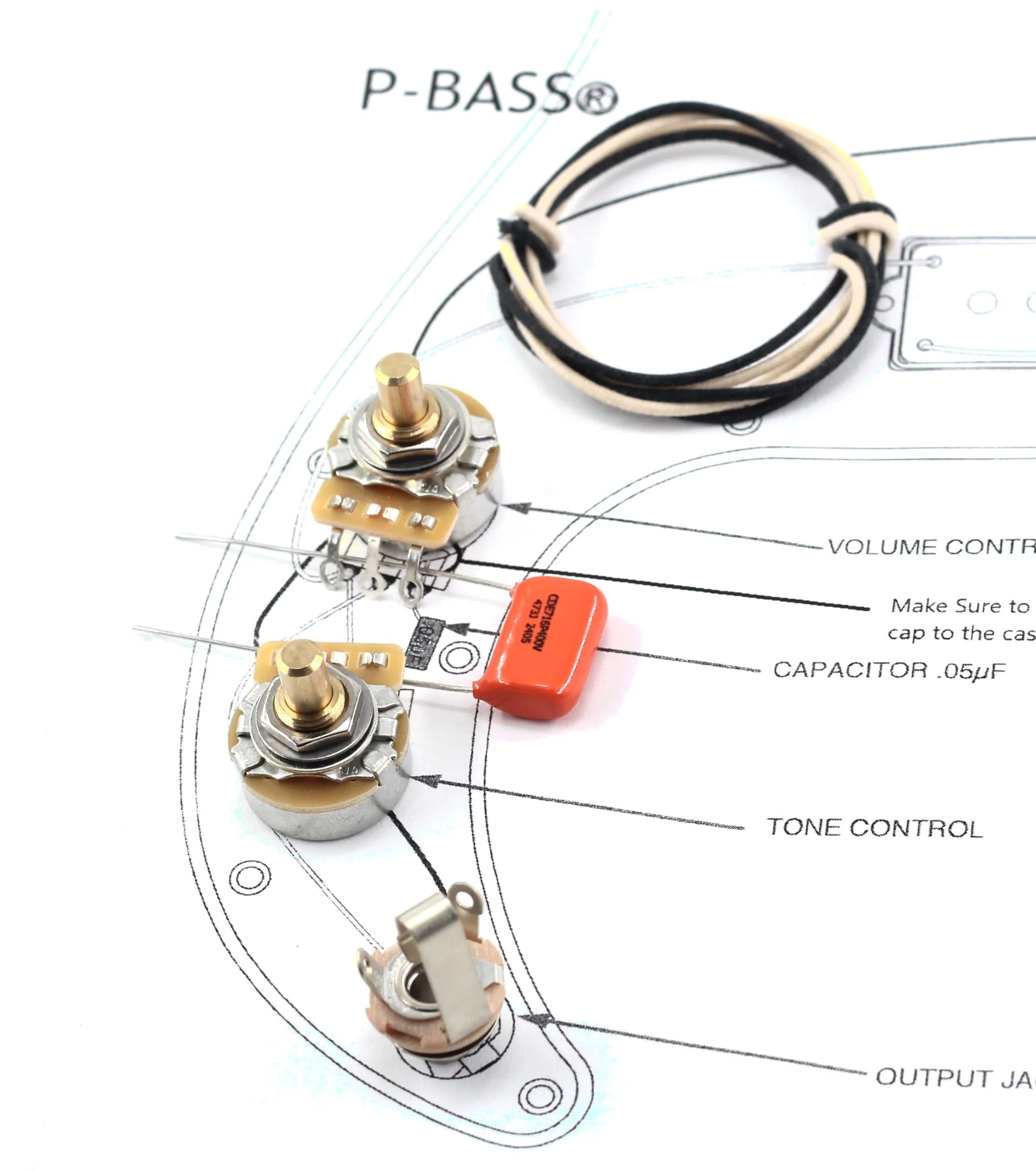 TAOT Precision Bass Wiring Kit - TAOT Custom 250kΩ Solid, .047 OD Cap - P-Bass Clear Stamping - Image 6