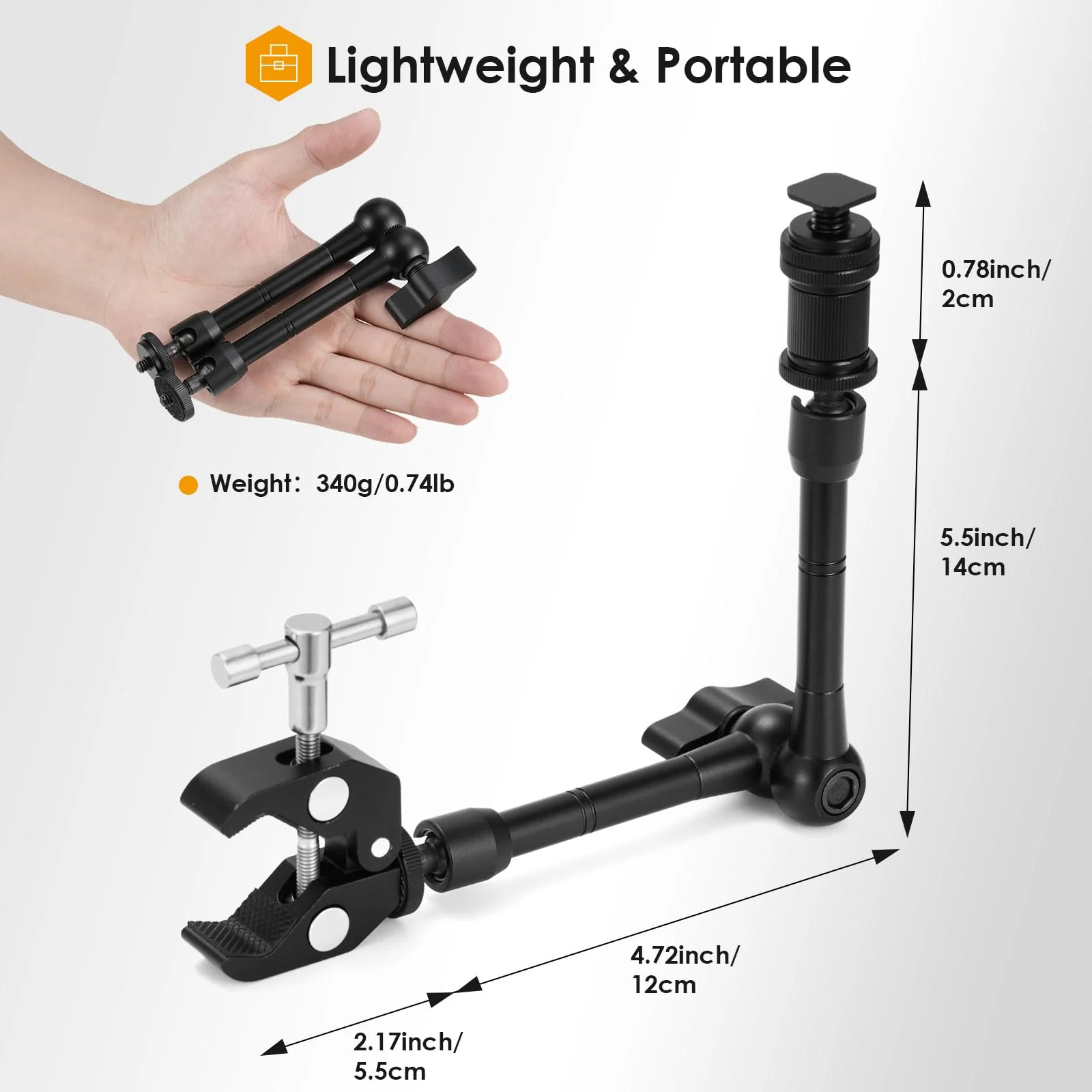 TARION Magic Arm with Super Clamp - 11in/28cm Adjustable Articulating Friction Camera Mount & Clamp with 1/4"" and 3/8"" Thread for LCD Monitor LED Light Flash Light Phone Action Cam, Black - Image 5