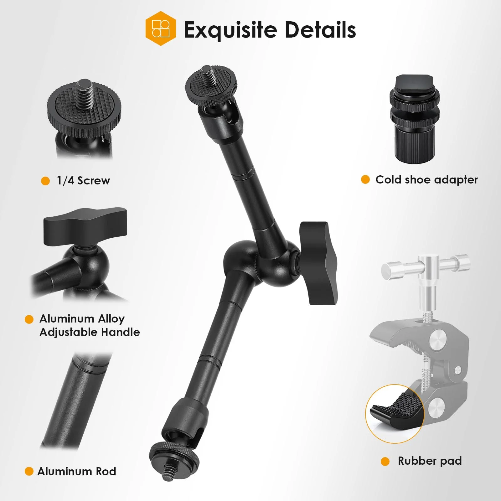TARION Magic Arm with Super Clamp - 11in/28cm Adjustable Articulating Friction Camera Mount & Clamp with 1/4"" and 3/8"" Thread for LCD Monitor LED Light Flash Light Phone Action Cam, Black - Image 6