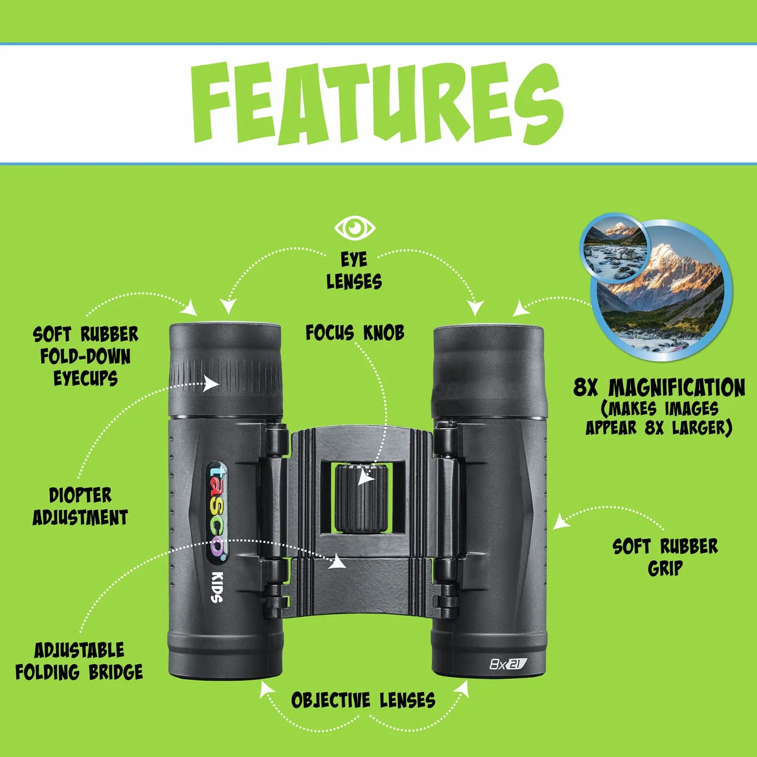 Tasco Kids Binoculars 8x21, Compact Binoculars for Kids Ages 3-12, Great for Adventures, Hiking, Camping, Travel, Bird Watching Foldable Black - Image 2