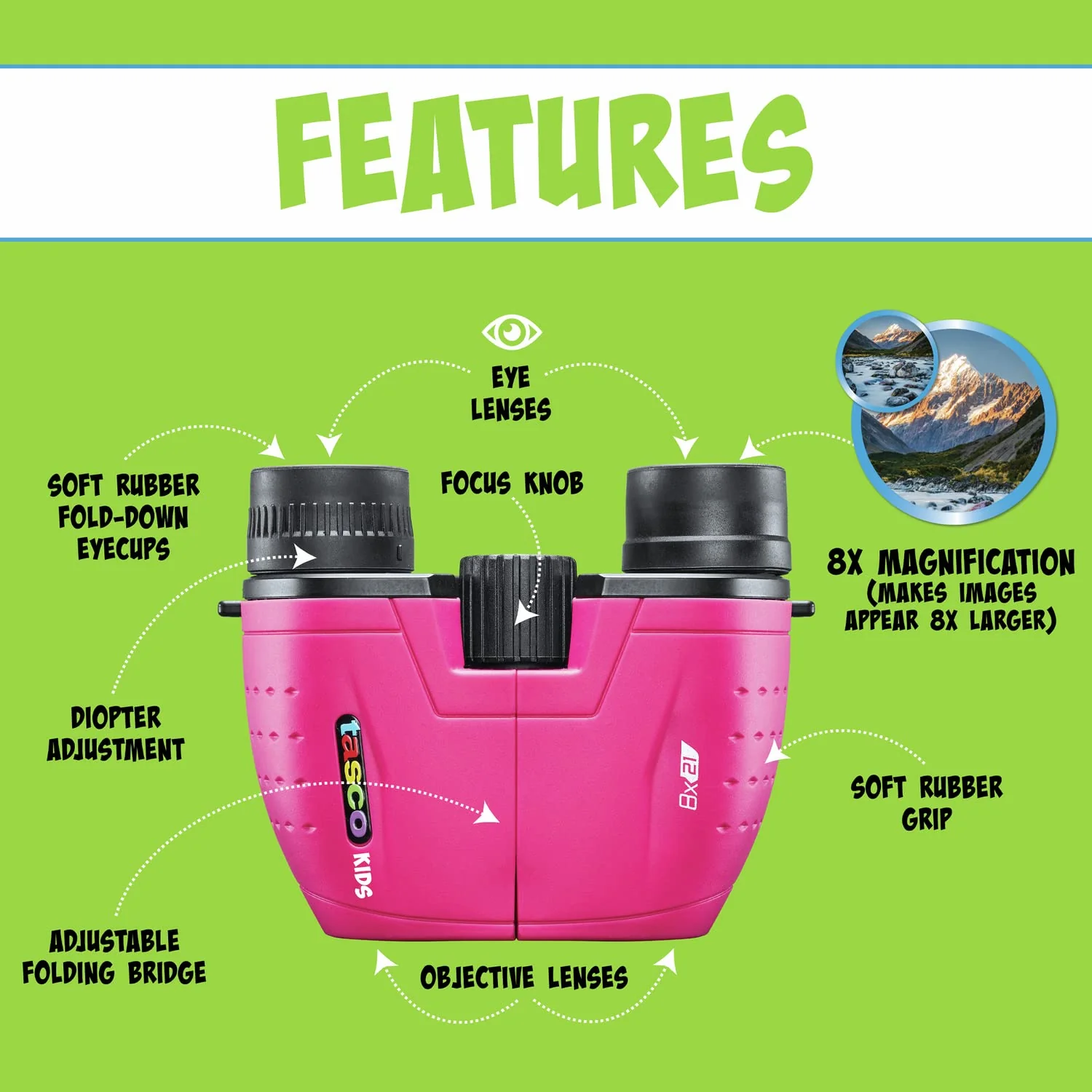 Tasco Kids Binoculars 8x21, Compact Binoculars for Kids Ages 3-12, Great for Adventures, Hiking, Camping, Travel, Bird Watching Not-Foldable Pink - Image 2