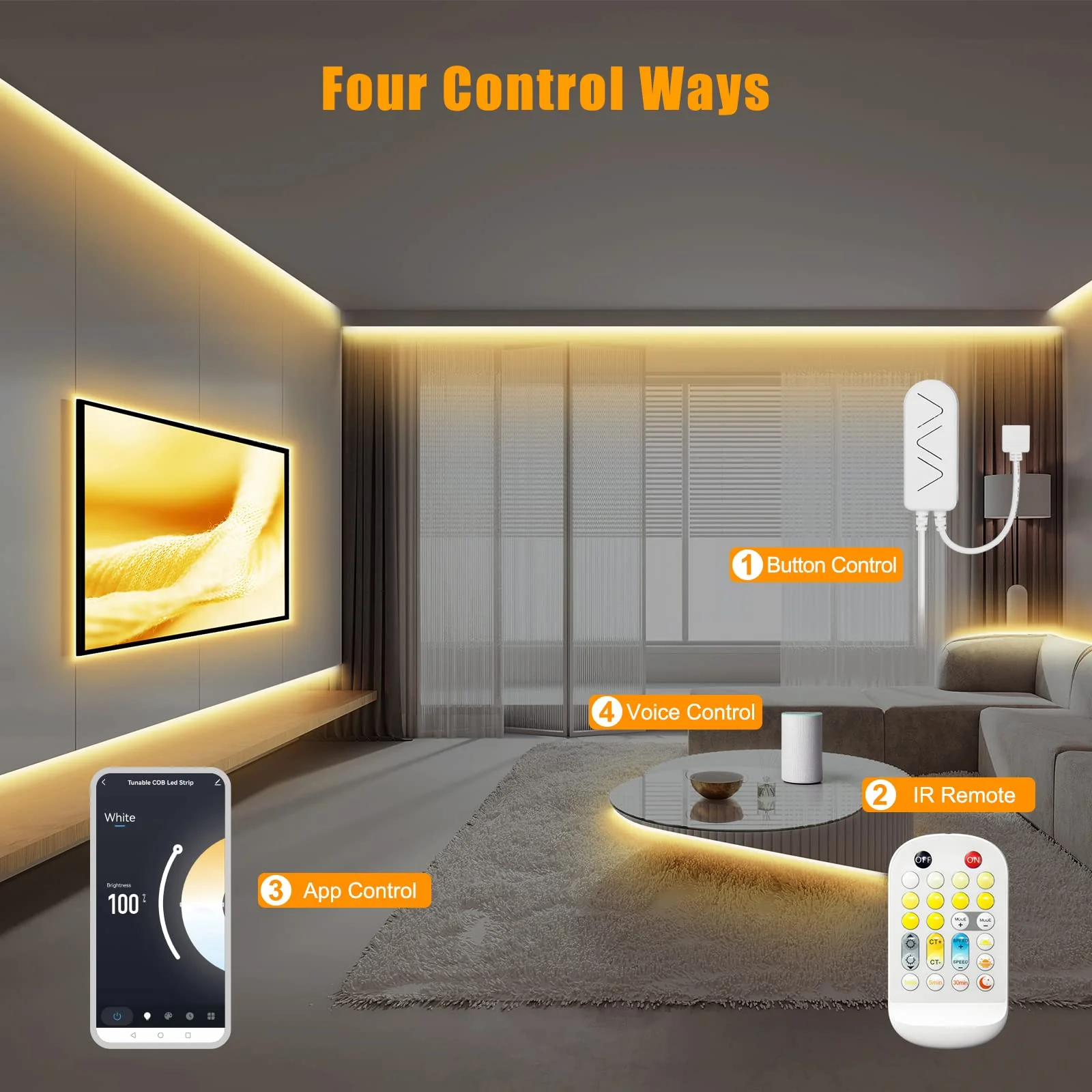 Tatazone 16.4ft Tunable White Smart COB Led Strip Light Kit, CCT 2700K-6500K Bright COB Led Tape Light Compatible with Alexa and Google, Dimmable Indoor COB Led Ribbon for Kitchen Cabinet, Room, TV - Image 4