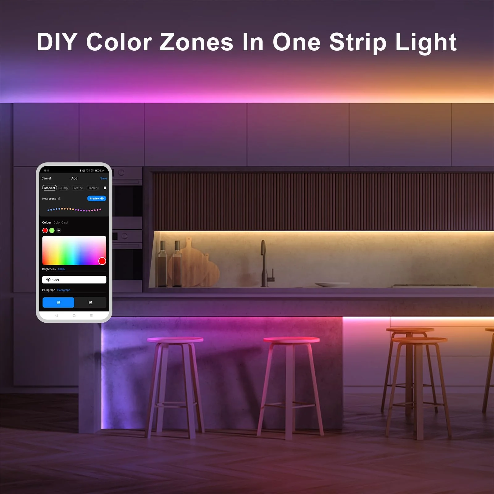 Tatazone 32.8ft RGBWW+IC WiFi Smart Flowing Led Strip Light, RGB Chasing Effect+Tunable White 3000K-6500K Led Lights Compatible with Alexa and Google, Color Changing, Music Sync for Bedroom - Image 4