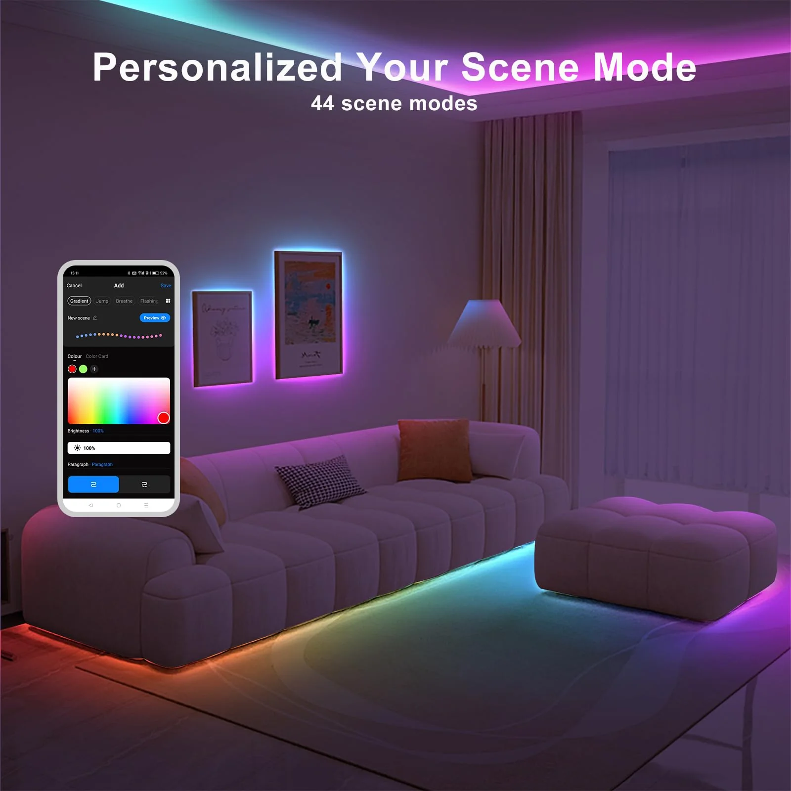 Tatazone 32.8ft RGBWW+IC WiFi Smart Flowing Led Strip Light, RGB Chasing Effect+Tunable White 3000K-6500K Led Lights Compatible with Alexa and Google, Color Changing, Music Sync for Bedroom - Image 7