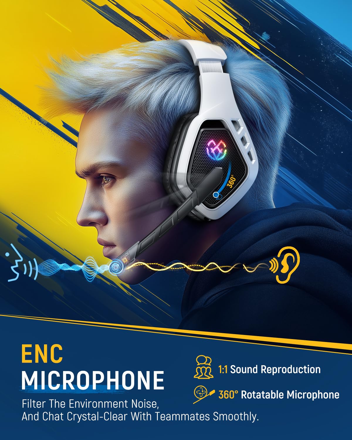 Tatybo Wireless Gaming Headset for PC, Ps5, Ps4, 2.4 Ghz USB & Type-C Gaming Headphones with Microphone, 30H Battery Bluetooth Headphones for Switch, Laptop, Mobile, Mac White Black - Image 4
