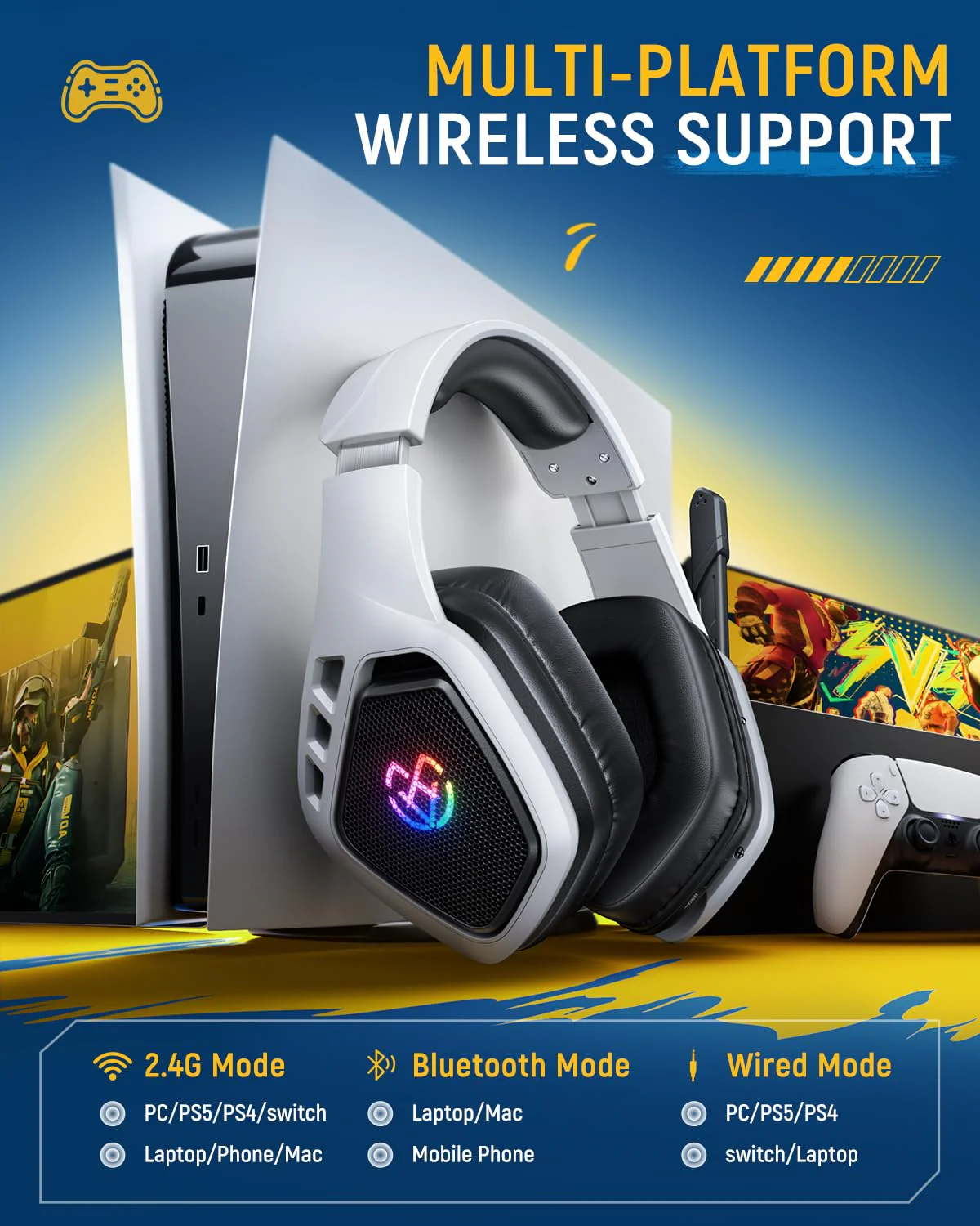 Tatybo Wireless Gaming Headset for PC, Ps5, Ps4, 2.4 Ghz USB & Type-C Gaming Headphones with Microphone, 30H Battery Bluetooth Headphones for Switch, Laptop, Mobile, Mac White Black - Image 6