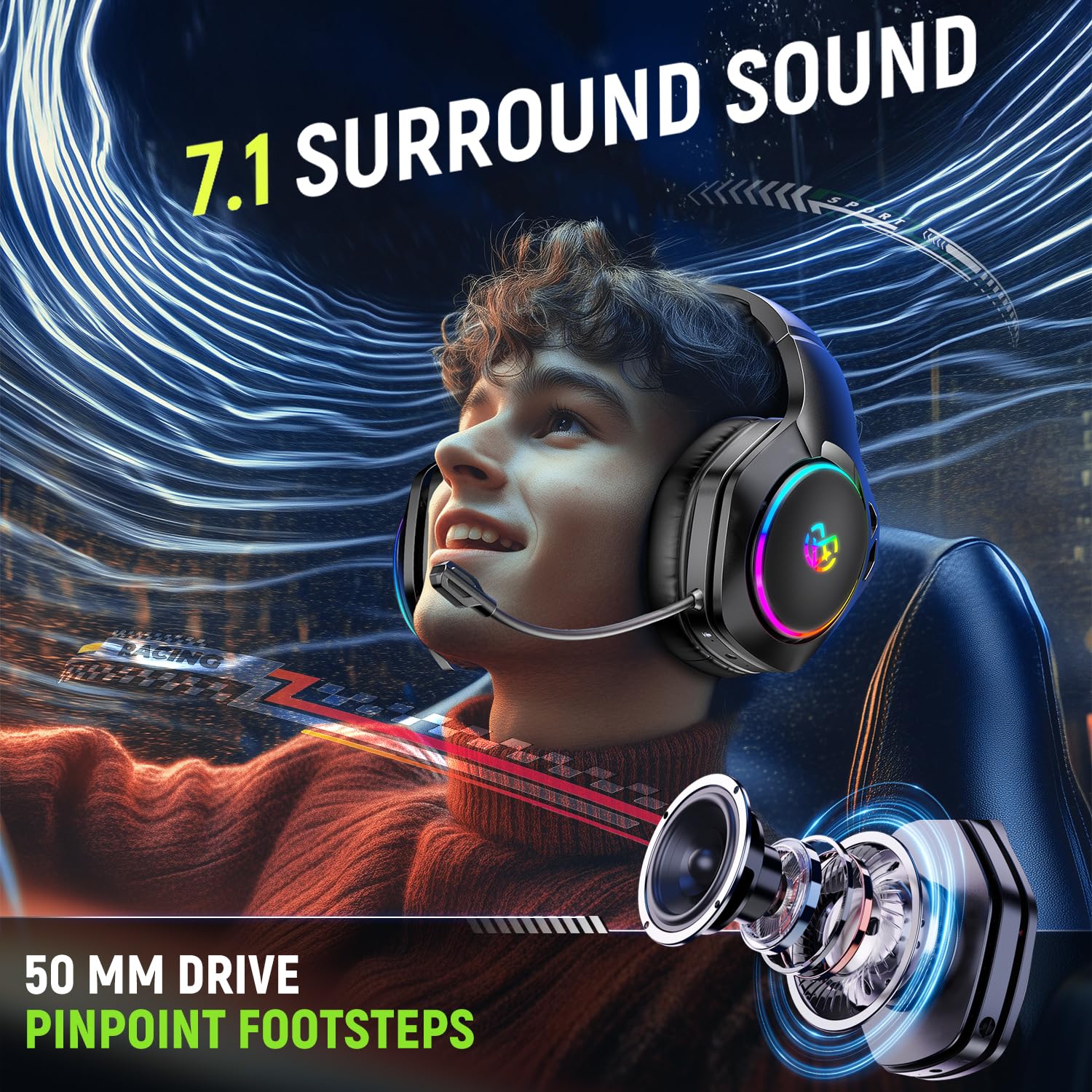 Tatybo Wireless Gaming Headset for Ps5 Ps4 PC, 2.4GHz USB & Type-C Gaming Headphones, 40Hrs & 7.1 Surround Sound Bluetooth Headphones with Noise Canceling Mic, Wireless Headset for Switch Phone Black - Image 2