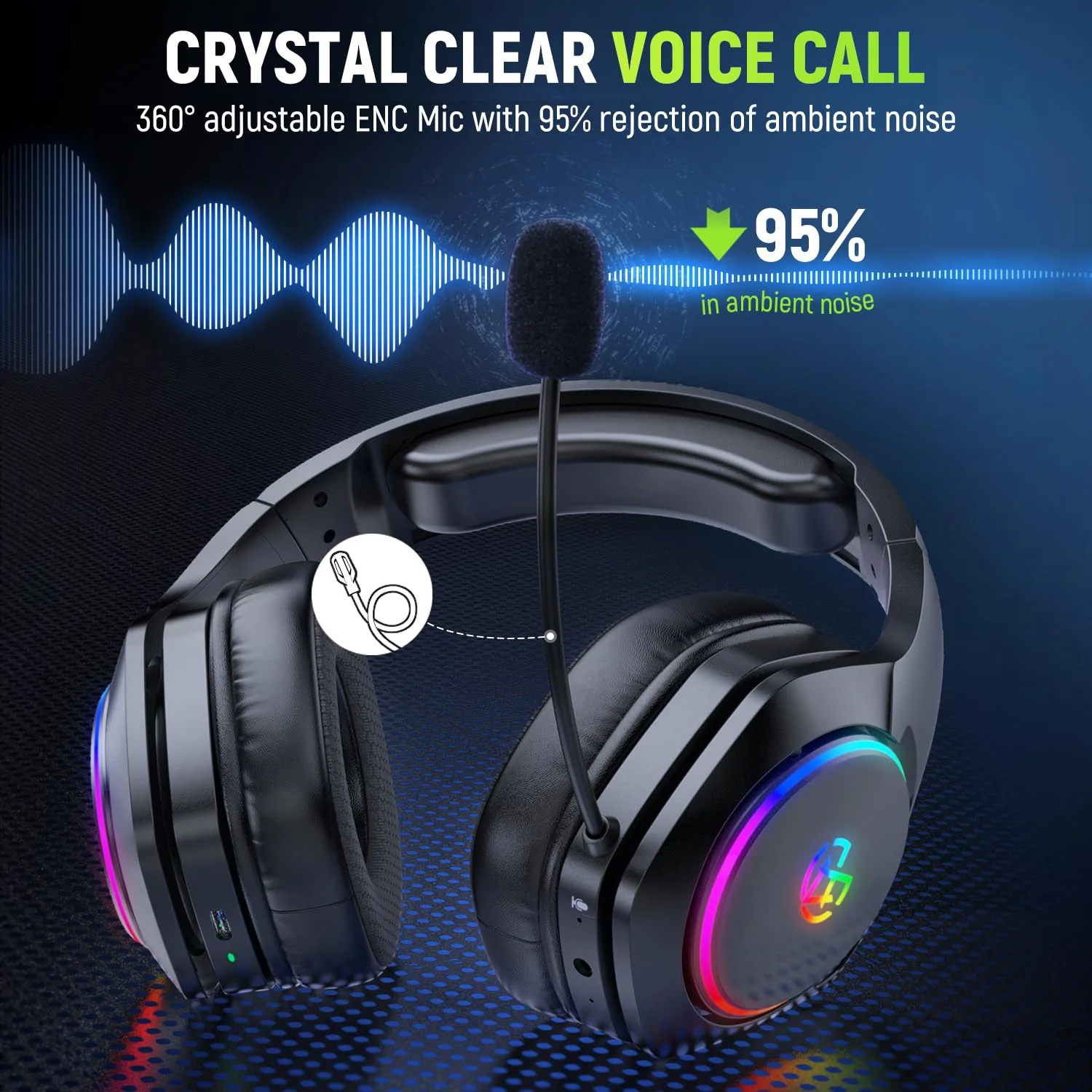Tatybo Wireless Gaming Headset for Ps5 Ps4 PC, 2.4GHz USB & Type-C Gaming Headphones, 40Hrs & 7.1 Surround Sound Bluetooth Headphones with Noise Canceling Mic, Wireless Headset for Switch Phone Black - Image 4
