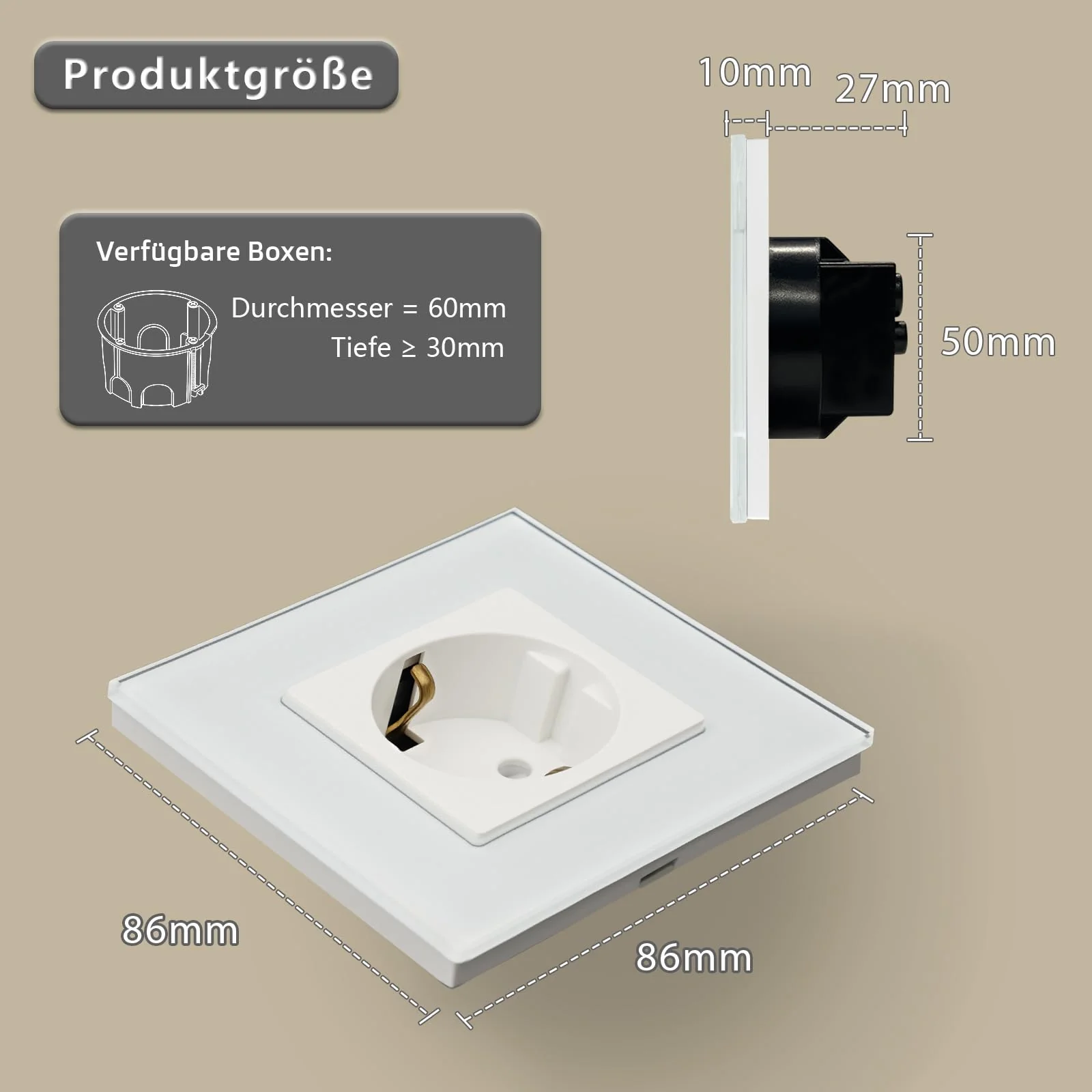 TAWOIA Schuko Socket, EU Standard 1 Compartment Socket Glass Flush-Mounted Socket, Sockets with Crystal Glass Plate, Wall Sockets, White, 86 x 86 mm 1-gang - Image 2