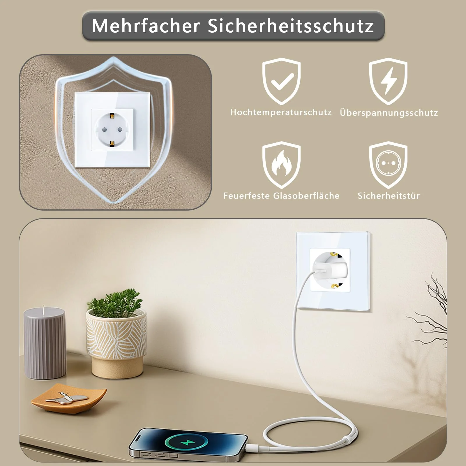 TAWOIA Schuko Socket, EU Standard 1 Compartment Socket Glass Flush-Mounted Socket, Sockets with Crystal Glass Plate, Wall Sockets, White, 86 x 86 mm 1-gang - Image 5