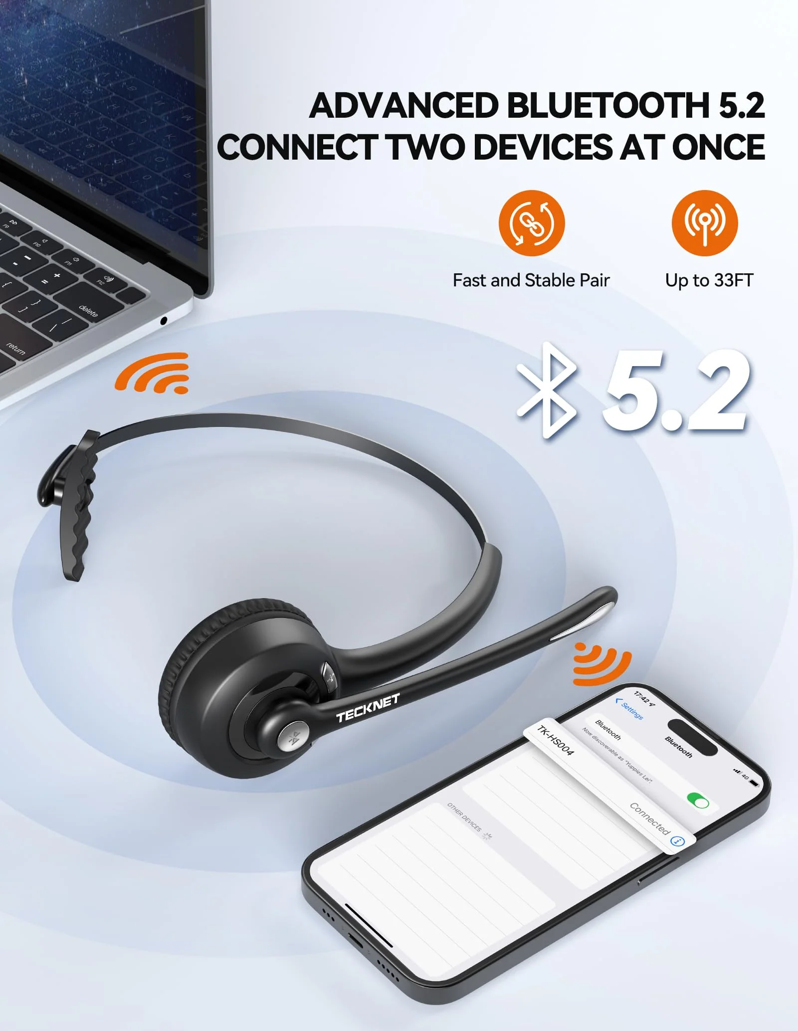TECKNET Bluetooth Headset, Wireless Headset with Noise Canceling Microphone for Trucker, On-Ear Bluetooth Headphone with Mute Mic for Work Black & White - Image 2