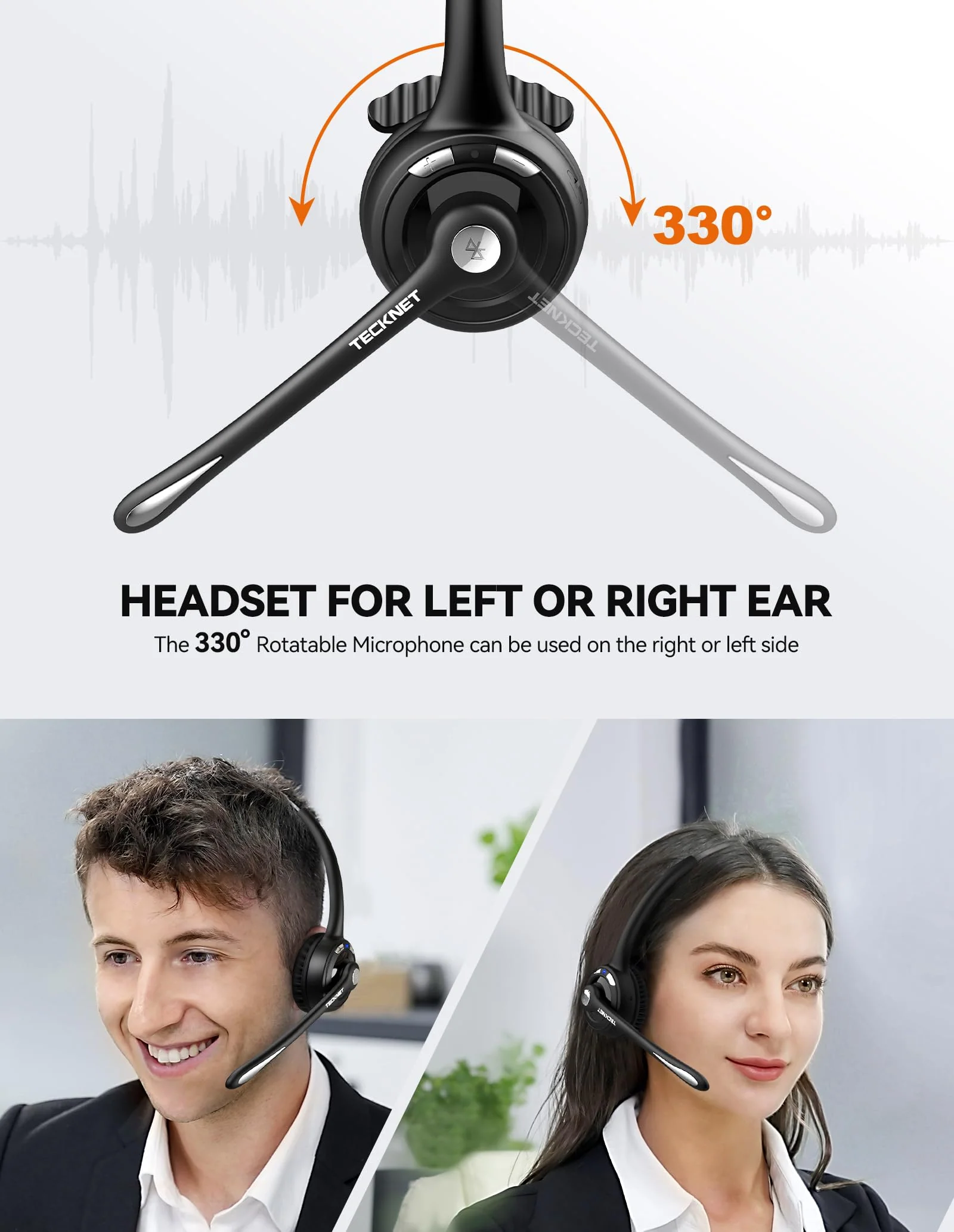 TECKNET Bluetooth Headset, Wireless Headset with Noise Canceling Microphone for Trucker, On-Ear Bluetooth Headphone with Mute Mic for Work Black & White - Image 3