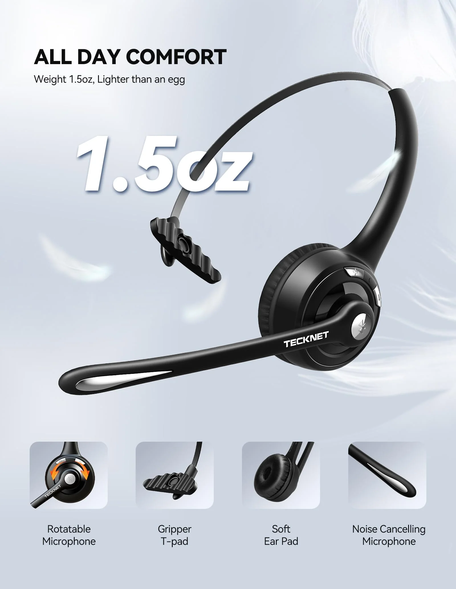 TECKNET Bluetooth Headset, Wireless Headset with Noise Canceling Microphone for Trucker, On-Ear Bluetooth Headphone with Mute Mic for Work Black & White - Image 4