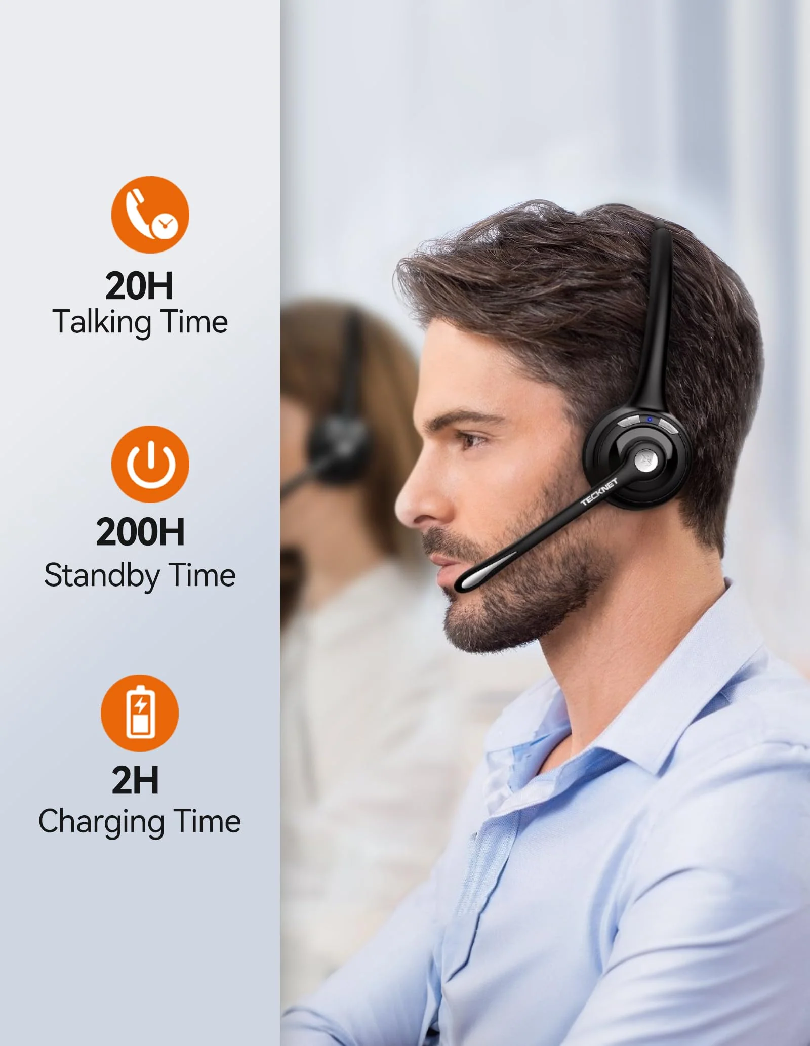 TECKNET Bluetooth Headset, Wireless Headset with Noise Canceling Microphone for Trucker, On-Ear Bluetooth Headphone with Mute Mic for Work Black & White - Image 5