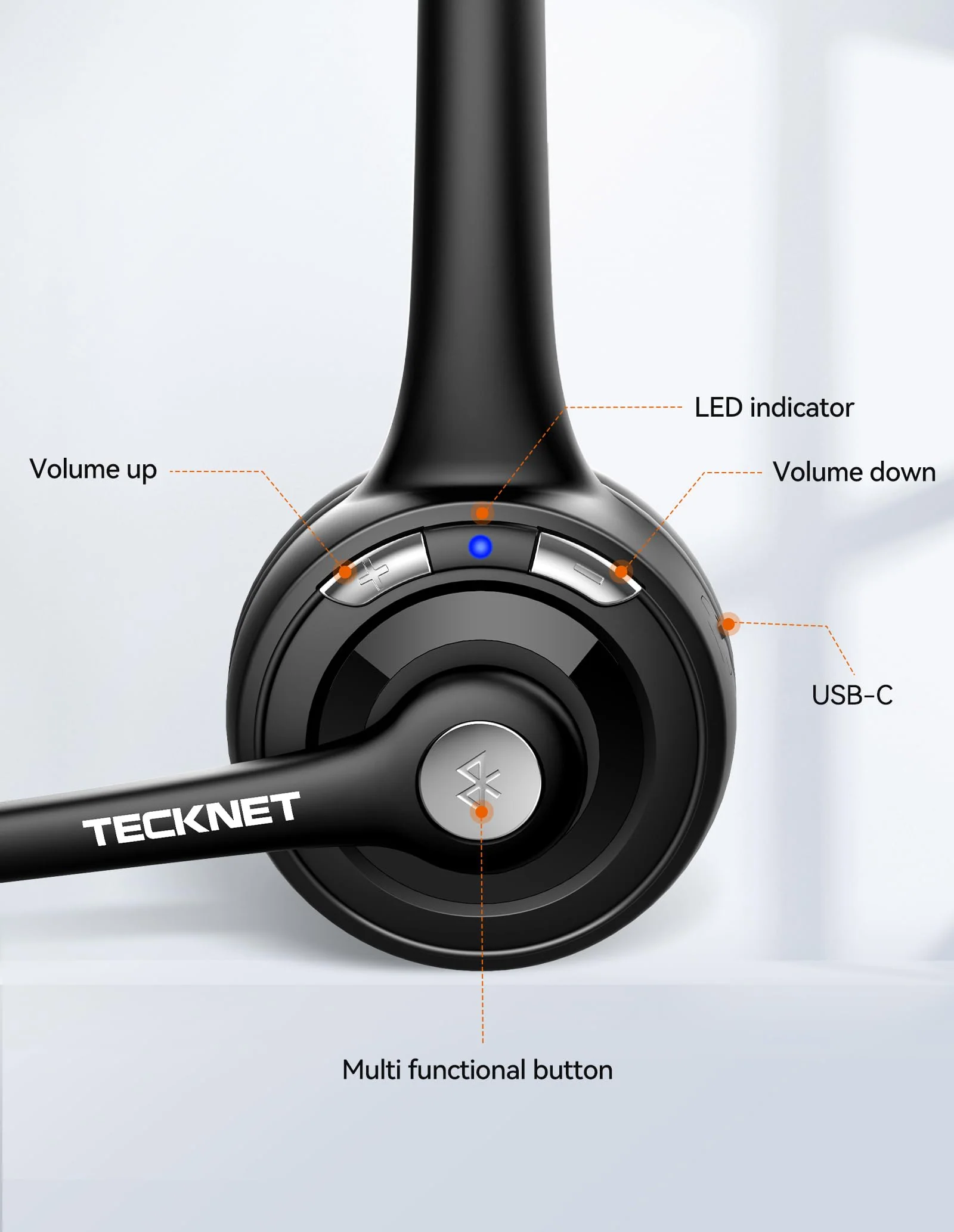 TECKNET Bluetooth Headset, Wireless Headset with Noise Canceling Microphone for Trucker, On-Ear Bluetooth Headphone with Mute Mic for Work Black & White - Image 7
