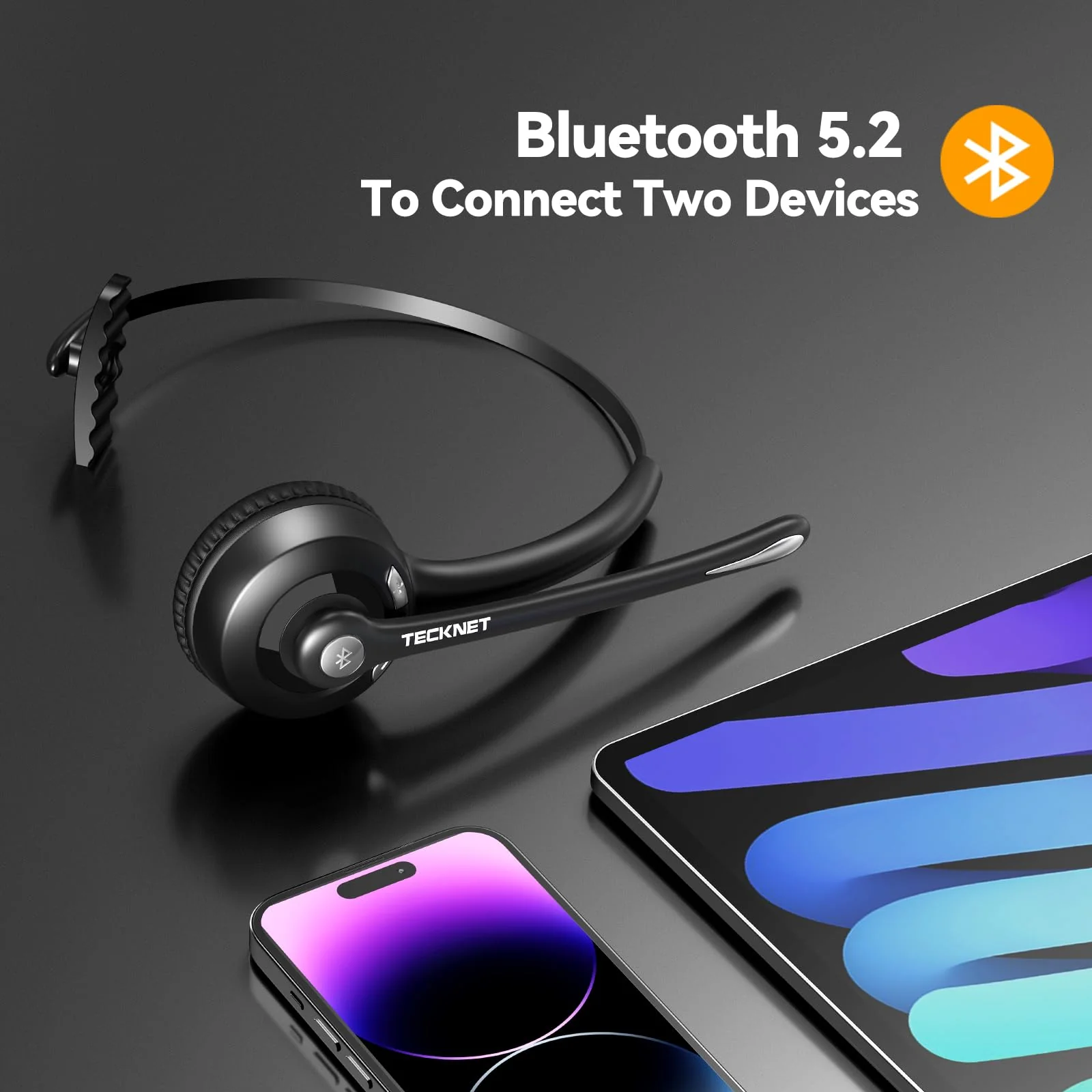 TECKNET Bluetooth Headset, Wireless On Ear Headphones with Noise Cancelling Microphone for Trucker, Hand Free Wireless Headset with Mute Mic for Phone simple configuration - Image 2