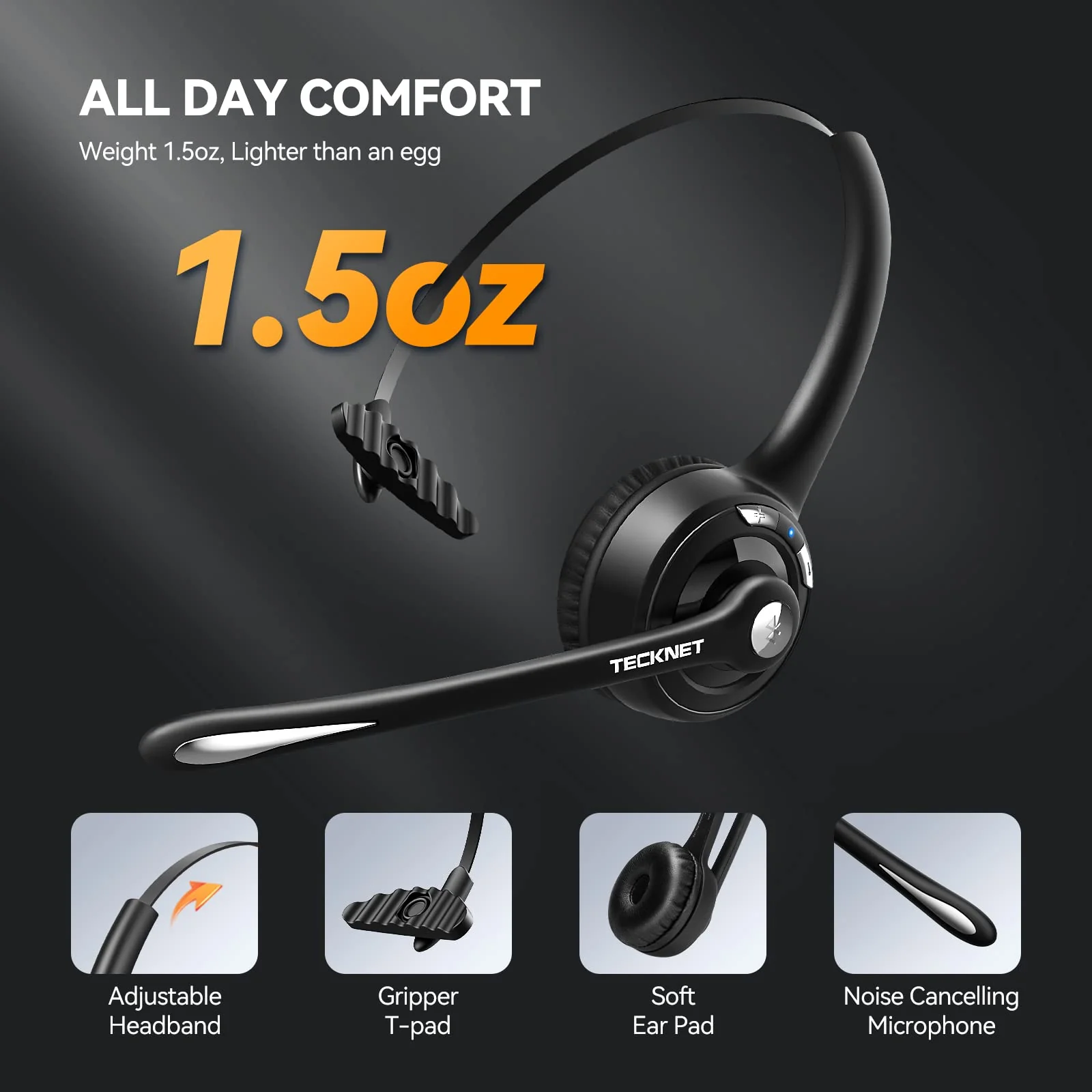 TECKNET Bluetooth Headset, Wireless On Ear Headphones with Noise Cancelling Microphone for Trucker, Hand Free Wireless Headset with Mute Mic for Phone simple configuration - Image 4