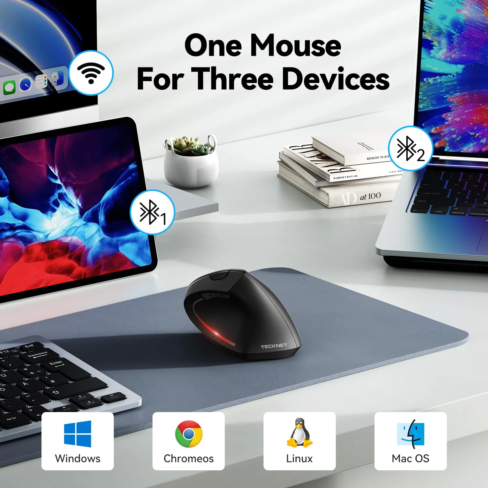 TECKNET Ergonomic Mouse, Wireless Bluetooth Vertical Mouse, 4800 DPI Silent Mouse with 6 Adjustable DPI Levels, 2.4GHz Optical Mouse, 6 Buttons Wireless Mouse for Laptop, Desktop, PC, MacBook Black - Image 2
