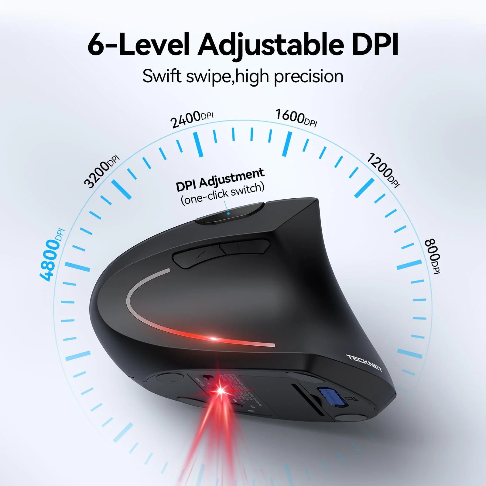 TECKNET Ergonomic Mouse, Wireless Bluetooth Vertical Mouse, 4800 DPI Silent Mouse with 6 Adjustable DPI Levels, 2.4GHz Optical Mouse, 6 Buttons Wireless Mouse for Laptop, Desktop, PC, MacBook Black - Image 3