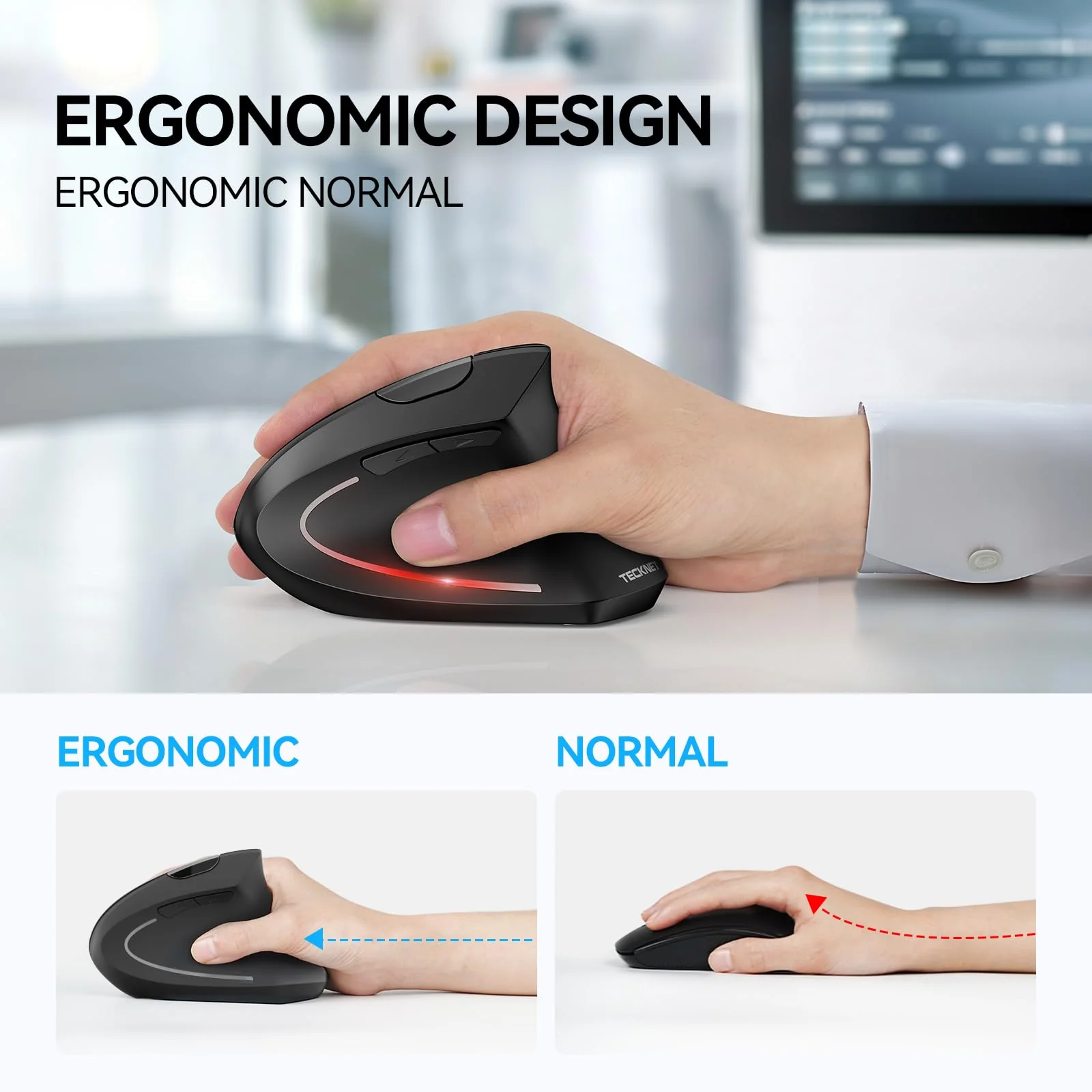 TECKNET Ergonomic Mouse, Wireless Bluetooth Vertical Mouse, 4800 DPI Silent Mouse with 6 Adjustable DPI Levels, 2.4GHz Optical Mouse, 6 Buttons Wireless Mouse for Laptop, Desktop, PC, MacBook Black - Image 4