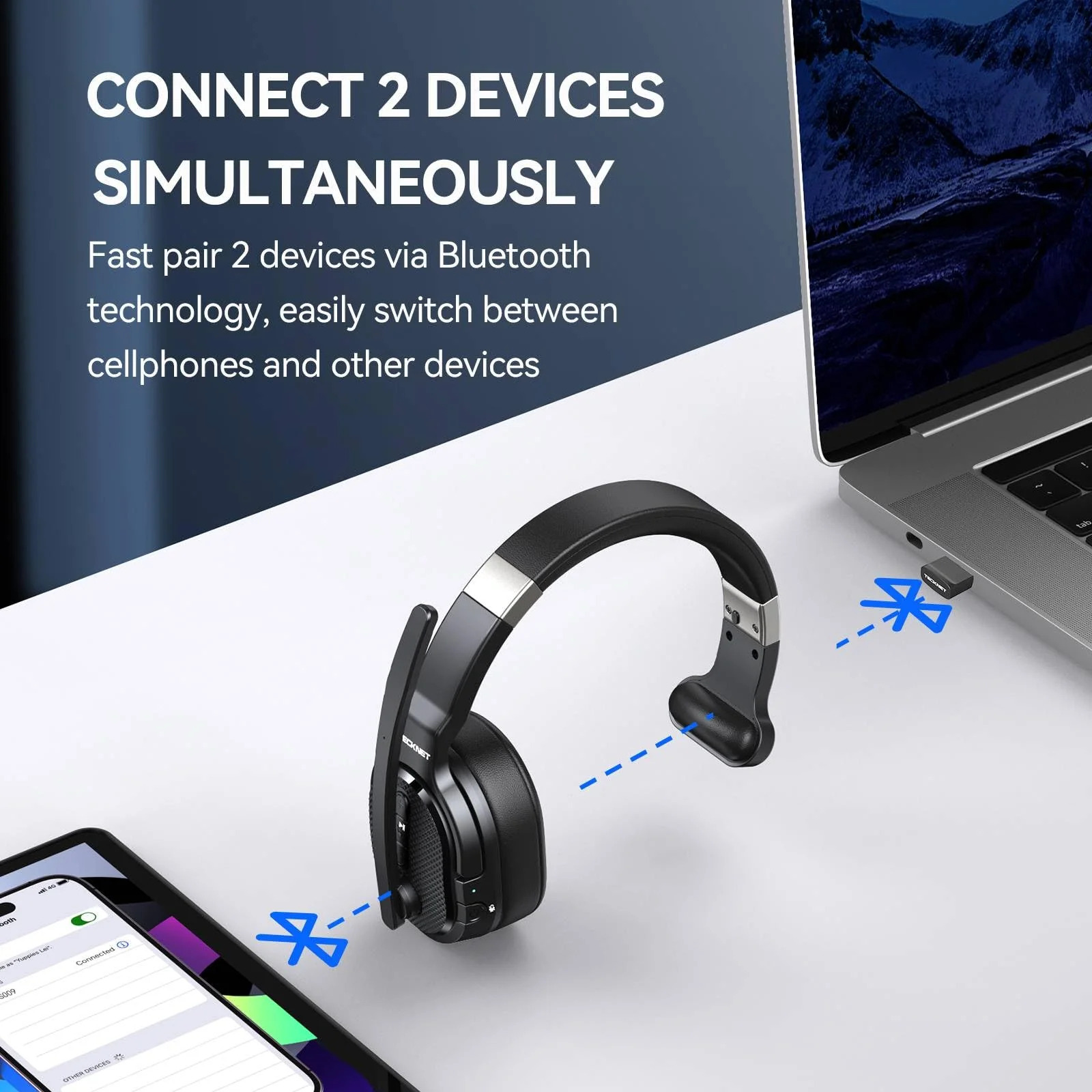 TECKNET Trucker Bluetooth Headset, Stable V5.2 & USB Dongle Connection, 70h Wireless Bluetooth Headsets with Mic and Mute, ENC Noise Canceling, Headset for Truck Drivers, Cell Phone, PC Comfort Office Black - Non removable - Image 4