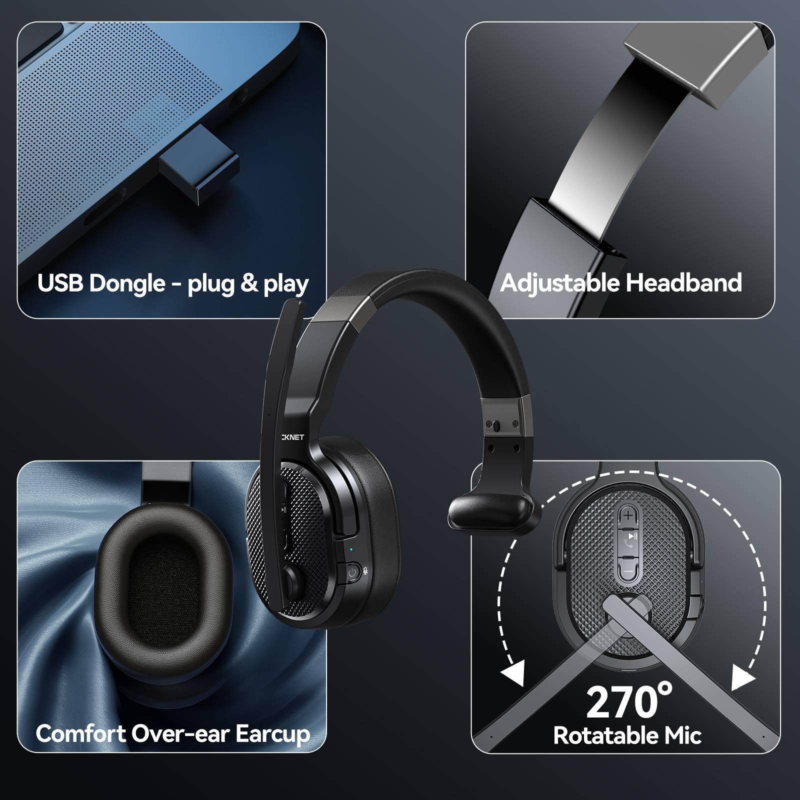 TECKNET Trucker Bluetooth Headset, Stable V5.2 & USB Dongle Connection, 70h Wireless Bluetooth Headsets with Mic and Mute, ENC Noise Canceling, Headset for Truck Drivers, Cell Phone, PC Comfort Office Black - Non removable - Image 5