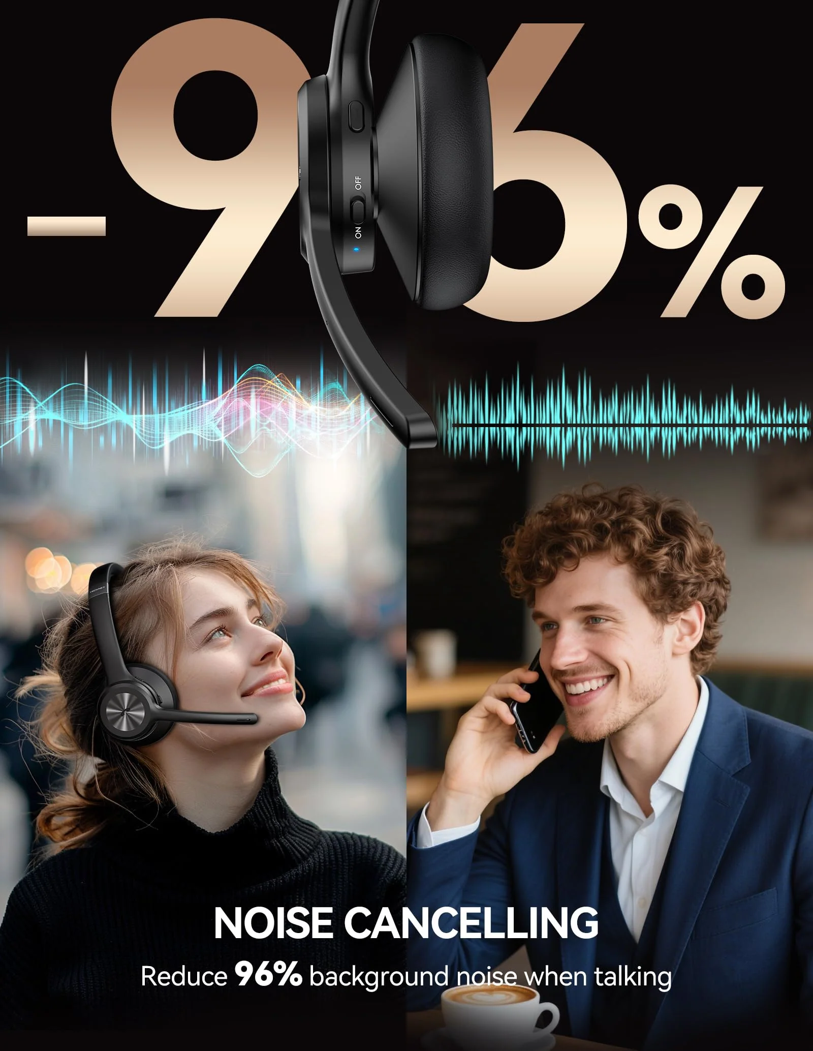 TECKNET Trucker Bluetooth Headset, Wireless Headset with Mic for Work, V5.2 Bluetooth Headphones with AI Noise Cancelling Microphone, 60H Battery, On-Ear Headphones for Call Center, Office, Drivers Black - Image 2
