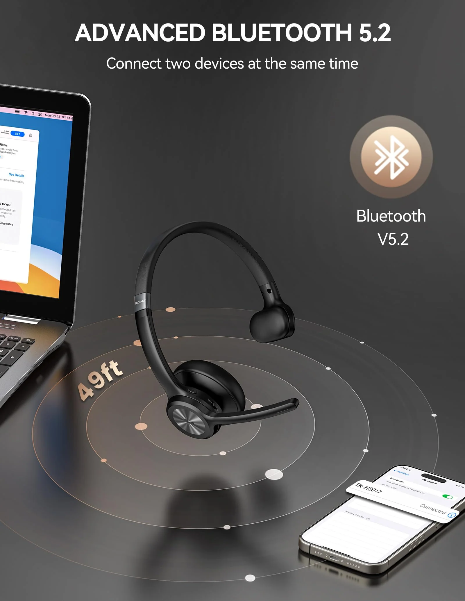 TECKNET Trucker Bluetooth Headset, Wireless Headset with Mic for Work, V5.2 Bluetooth Headphones with AI Noise Cancelling Microphone, 60H Battery, On-Ear Headphones for Call Center, Office, Drivers Black - Image 4