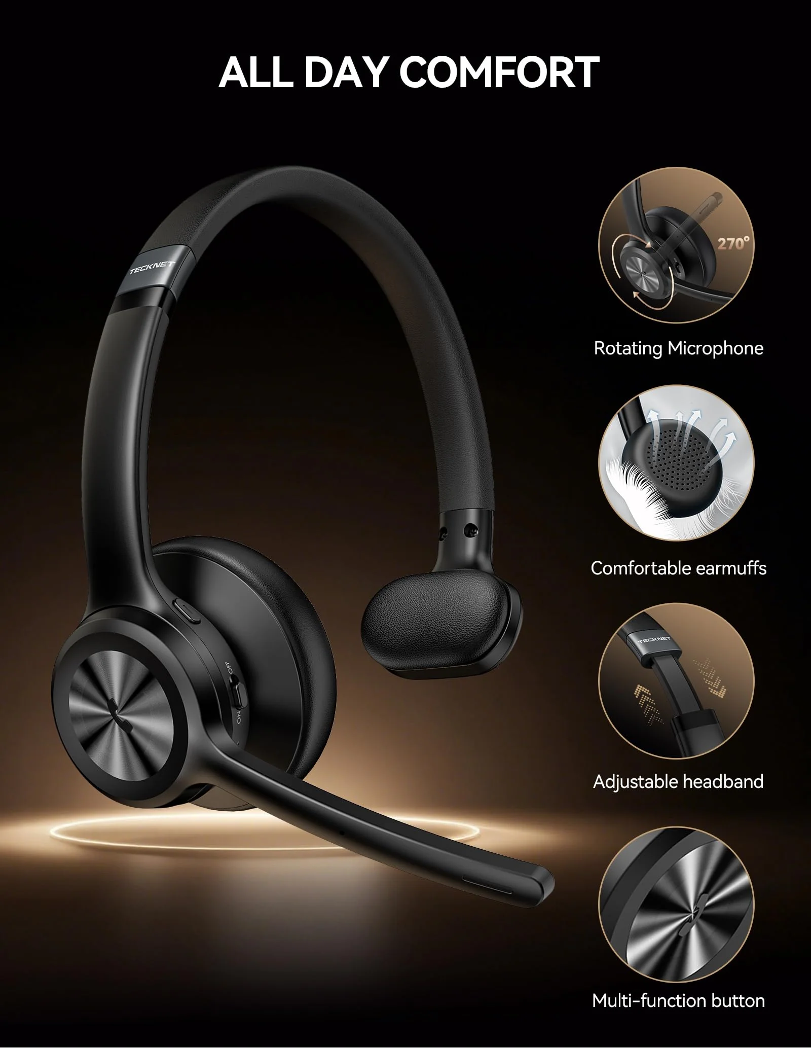 TECKNET Trucker Bluetooth Headset, Wireless Headset with Mic for Work, V5.2 Bluetooth Headphones with AI Noise Cancelling Microphone, 60H Battery, On-Ear Headphones for Call Center, Office, Drivers Black - Image 6