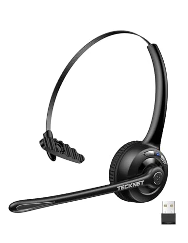 TECKNET Wireless Headset, Bluetooth Headphones with Noise Cancelling Microphone for Trucker, Hand Free Wireless Headset with Mute Mic Luxury configuration