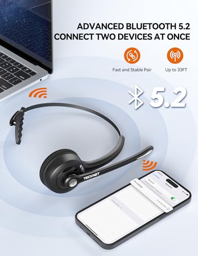 TECKNET Wireless Headset, Bluetooth Headphones with Noise Cancelling Microphone for Trucker, Hand Free Wireless Headset with Mute Mic Luxury configuration - Image 3
