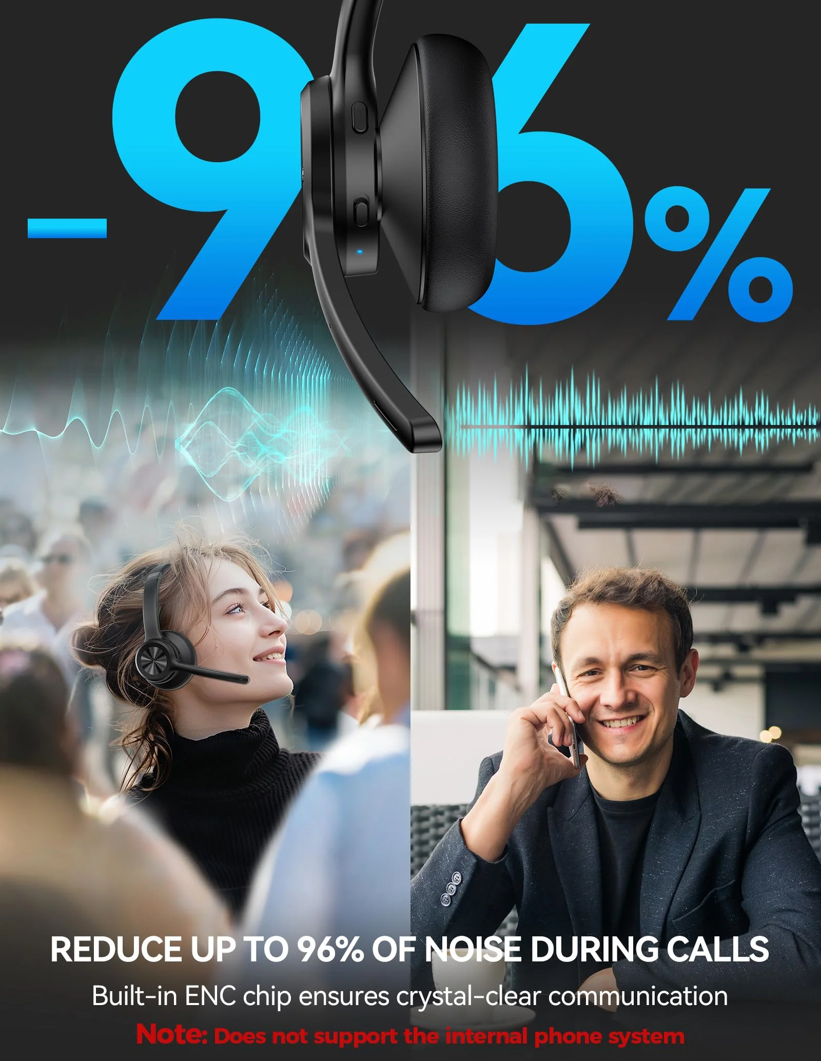 TECKNET Wireless Headset, Bluetooth Headset with Noise Cancelling Microphone - Rechargeable Bluetooth V5.2 Headphones, 50H Playtime & Mic Mute, On Ear Headphones for Trucker/Remote Work/Call Center Deep Black - Image 4