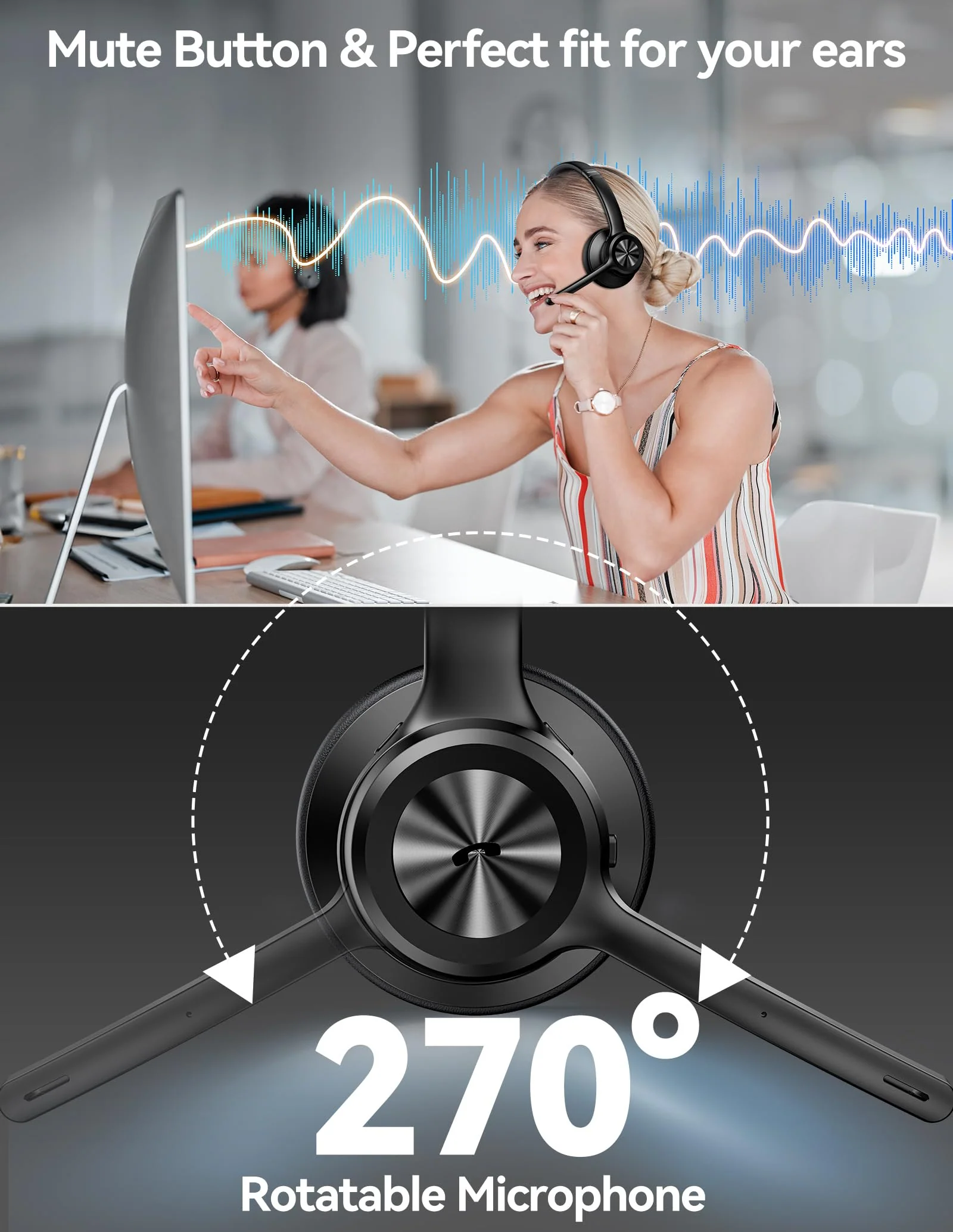 TECKNET Wireless Headset, Bluetooth Headset with Noise Cancelling Microphone - Rechargeable Bluetooth V5.2 Headphones, 50H Playtime & Mic Mute, On Ear Headphones for Trucker/Remote Work/Call Center Deep Black - Image 5