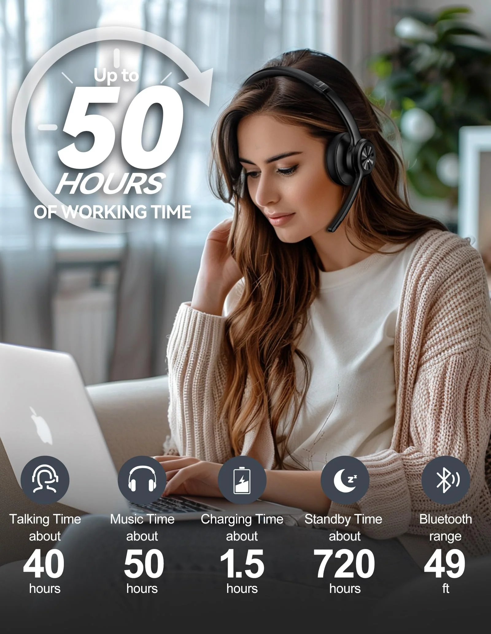 TECKNET Wireless Headset, Bluetooth Headset with Noise Cancelling Microphone - Rechargeable Bluetooth V5.2 Headphones, 50H Playtime & Mic Mute, On Ear Headphones for Trucker/Remote Work/Call Center Deep Black - Image 6