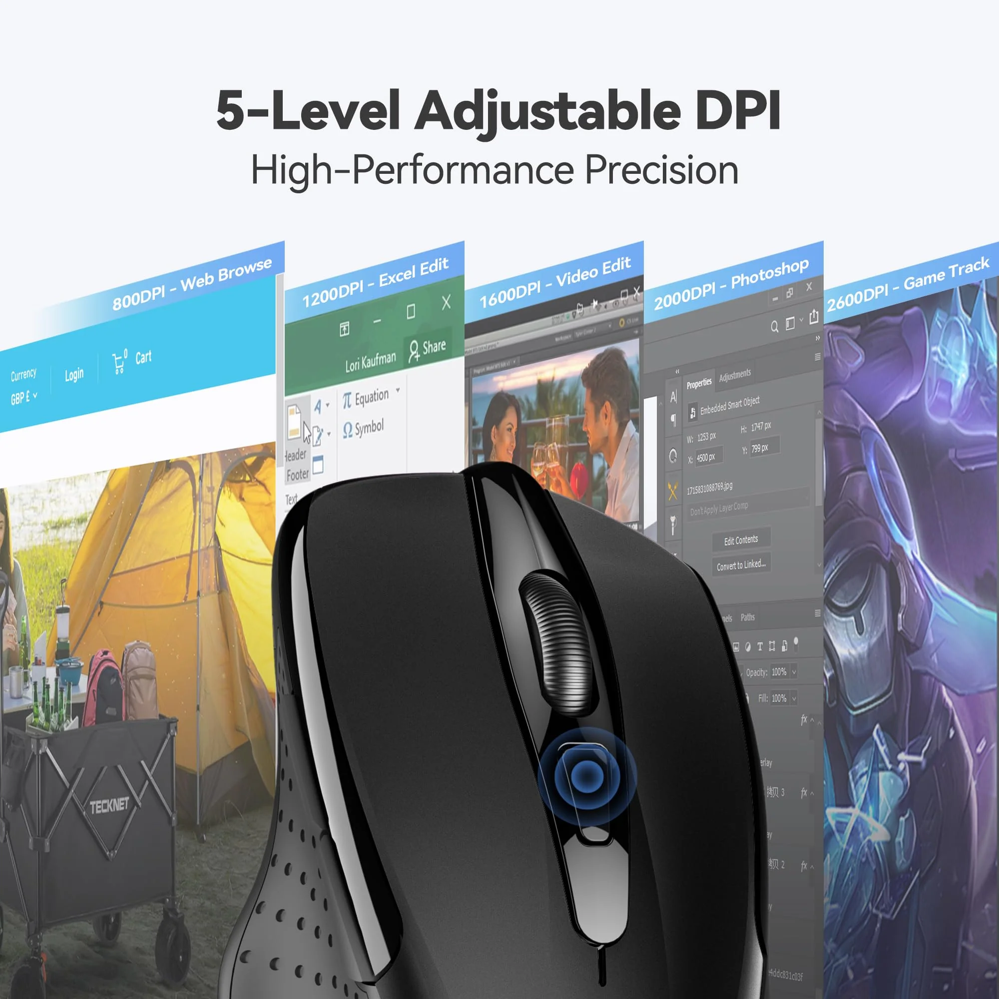 TECKNET Wireless Mouse, 2.4G Ergonomic Optical Mouse, Computer Mouse for Laptop, PC, Computer, Chromebook, Notebook, 6 Buttons, 24 Months Battery Life, 2600 DPI, 5 Adjustment Levels Black - Image 5