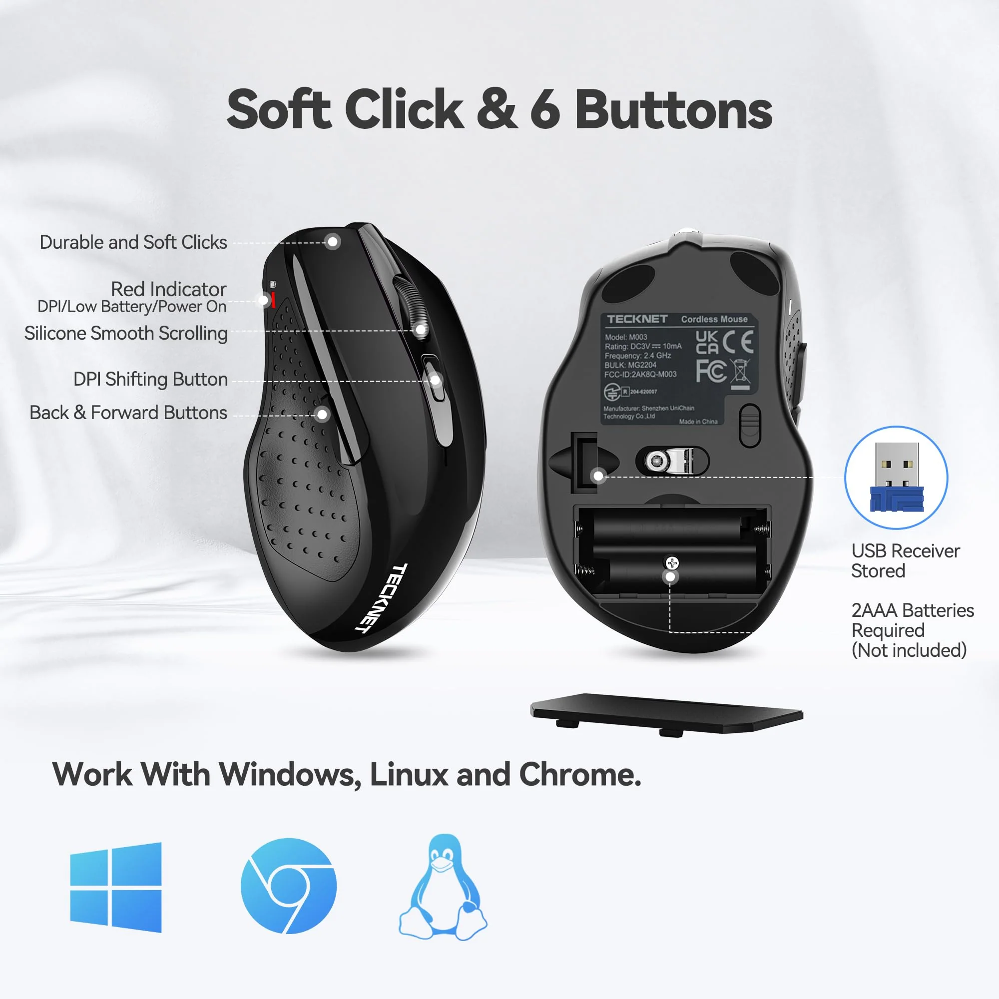 TECKNET Wireless Mouse, 2.4G Ergonomic Optical Mouse, Computer Mouse for Laptop, PC, Computer, Chromebook, Notebook, 6 Buttons, 24 Months Battery Life, 2600 DPI, 5 Adjustment Levels Black - Image 7