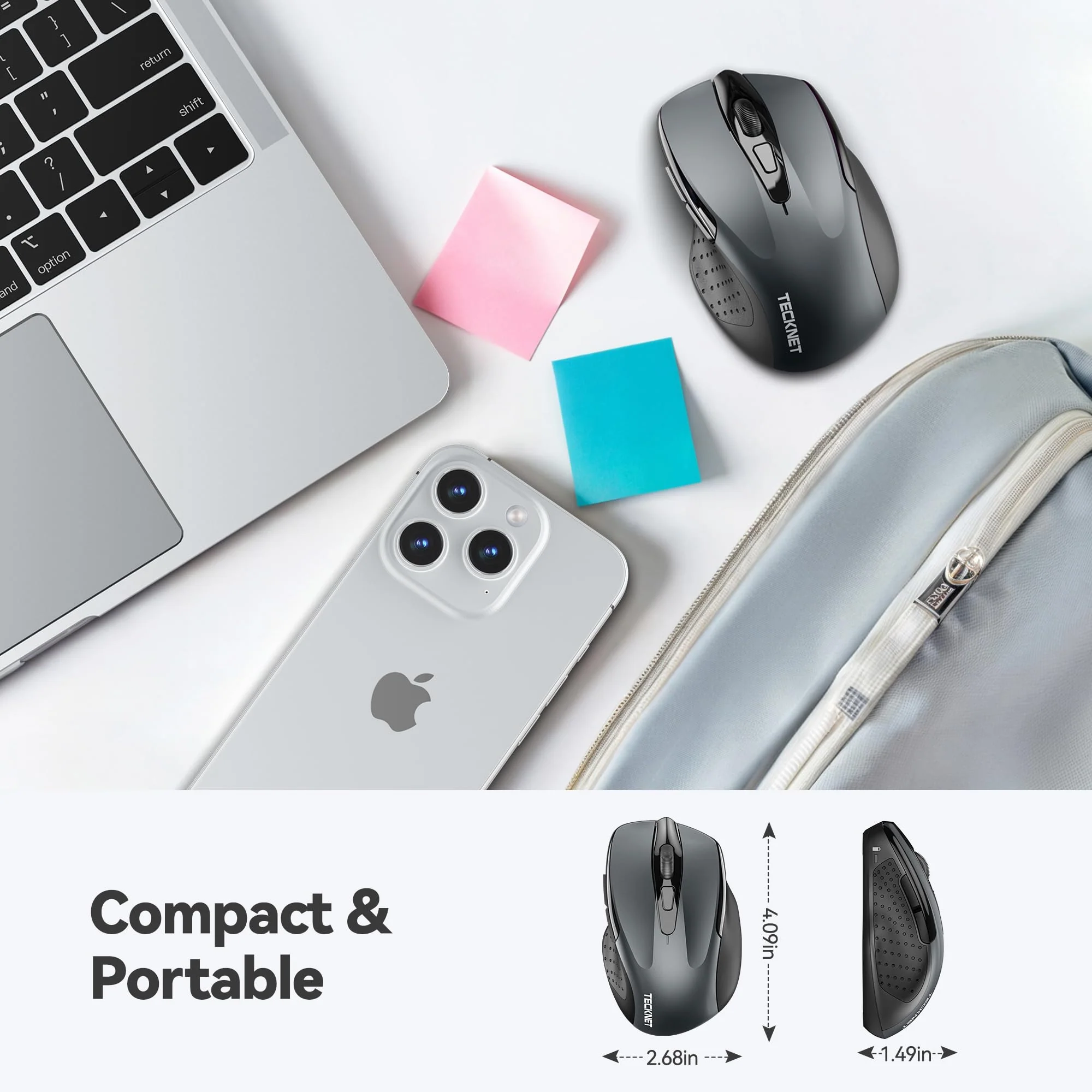 TECKNET Wireless Mouse, 2.4G Ergonomic Optical Mouse, Computer Mouse for Laptop, PC, Computer, Chromebook, Notebook, 6 Buttons, 24 Months Battery Life, 2600 DPI, 5 Adjustment Levels Grey - Image 2