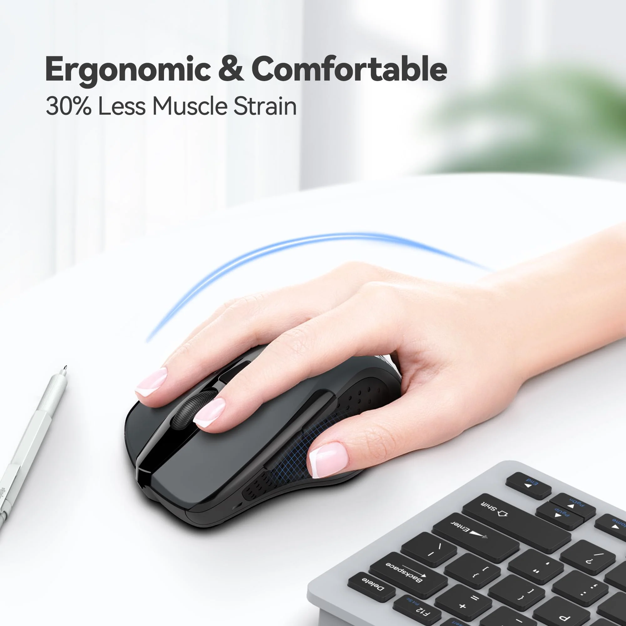 TECKNET Wireless Mouse, 2.4G Ergonomic Optical Mouse, Computer Mouse for Laptop, PC, Computer, Chromebook, Notebook, 6 Buttons, 24 Months Battery Life, 2600 DPI, 5 Adjustment Levels Grey - Image 4