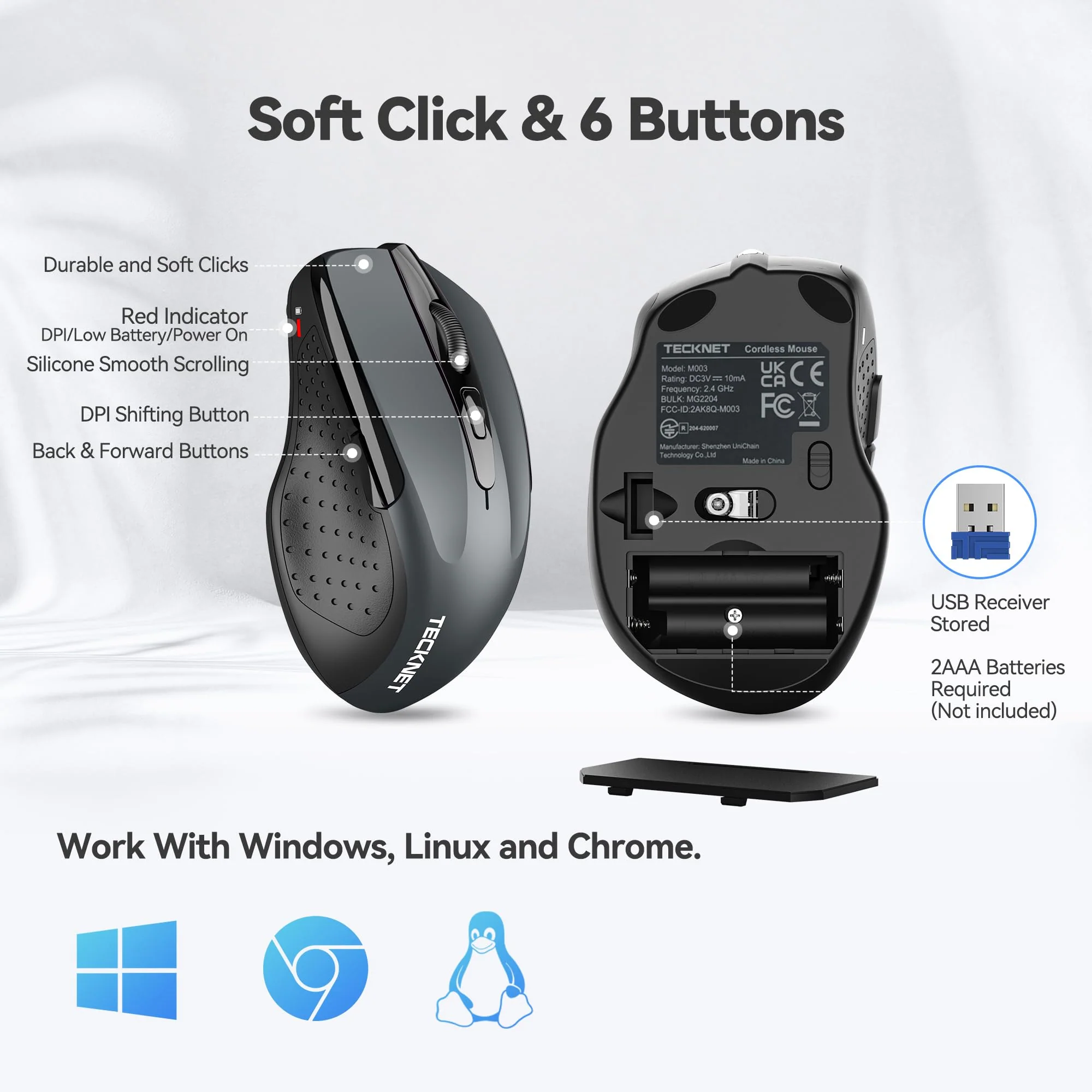 TECKNET Wireless Mouse, 2.4G Ergonomic Optical Mouse, Computer Mouse for Laptop, PC, Computer, Chromebook, Notebook, 6 Buttons, 24 Months Battery Life, 2600 DPI, 5 Adjustment Levels Grey - Image 5