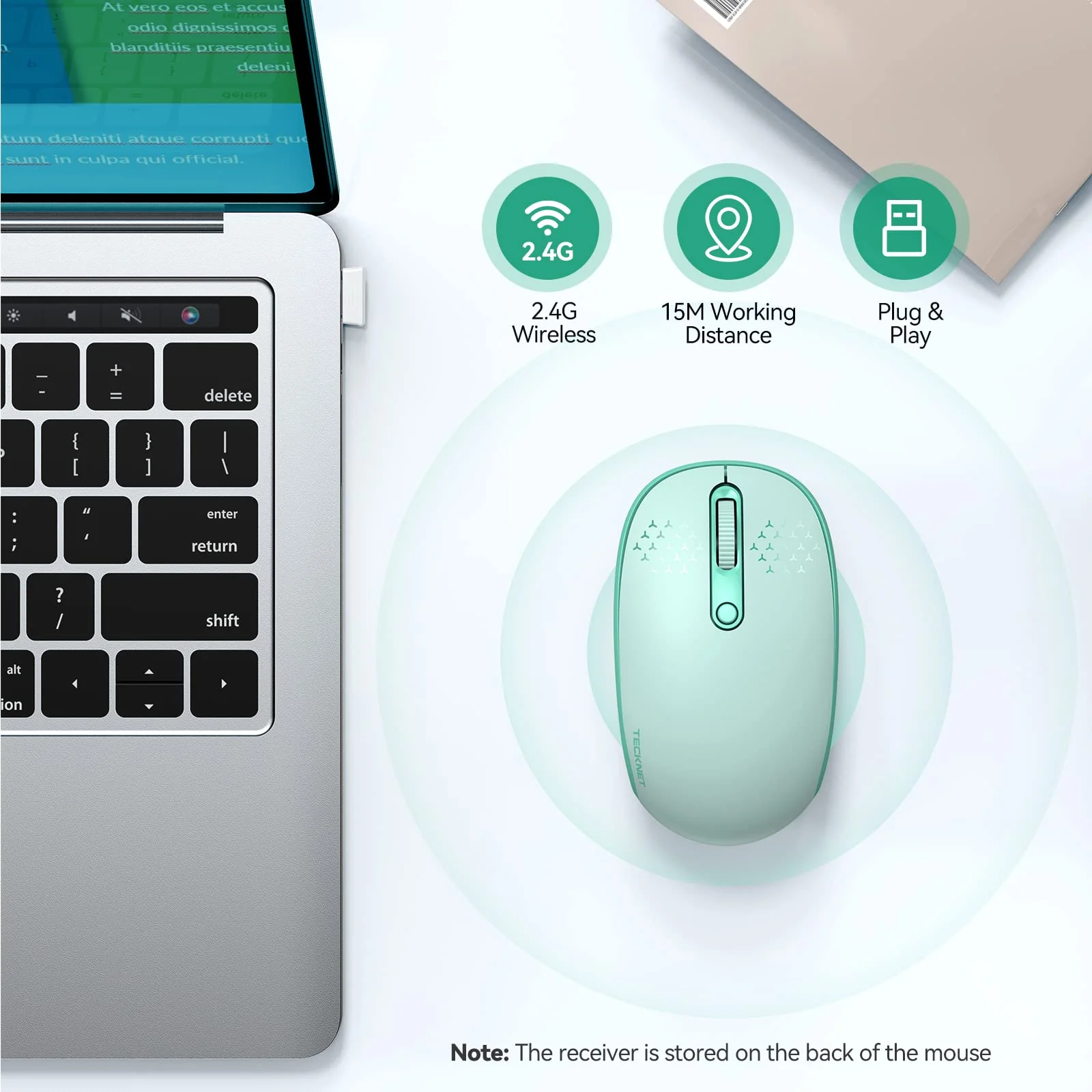 TECKNET Wireless Mouse for Laptop, 2.4G Quiet Computer Mouse with USB Receiver, 4 Buttons Portable Cordless Mice for Chromebook, Laptop, PC, Mac, 800/1200/1600 DPI - Mint Green - Image 2