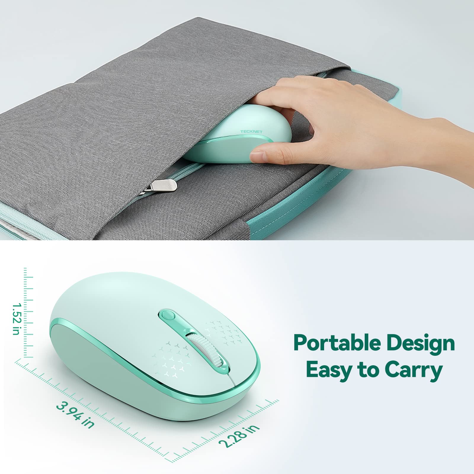 TECKNET Wireless Mouse for Laptop, 2.4G Quiet Computer Mouse with USB Receiver, 4 Buttons Portable Cordless Mice for Chromebook, Laptop, PC, Mac, 800/1200/1600 DPI - Mint Green - Image 3