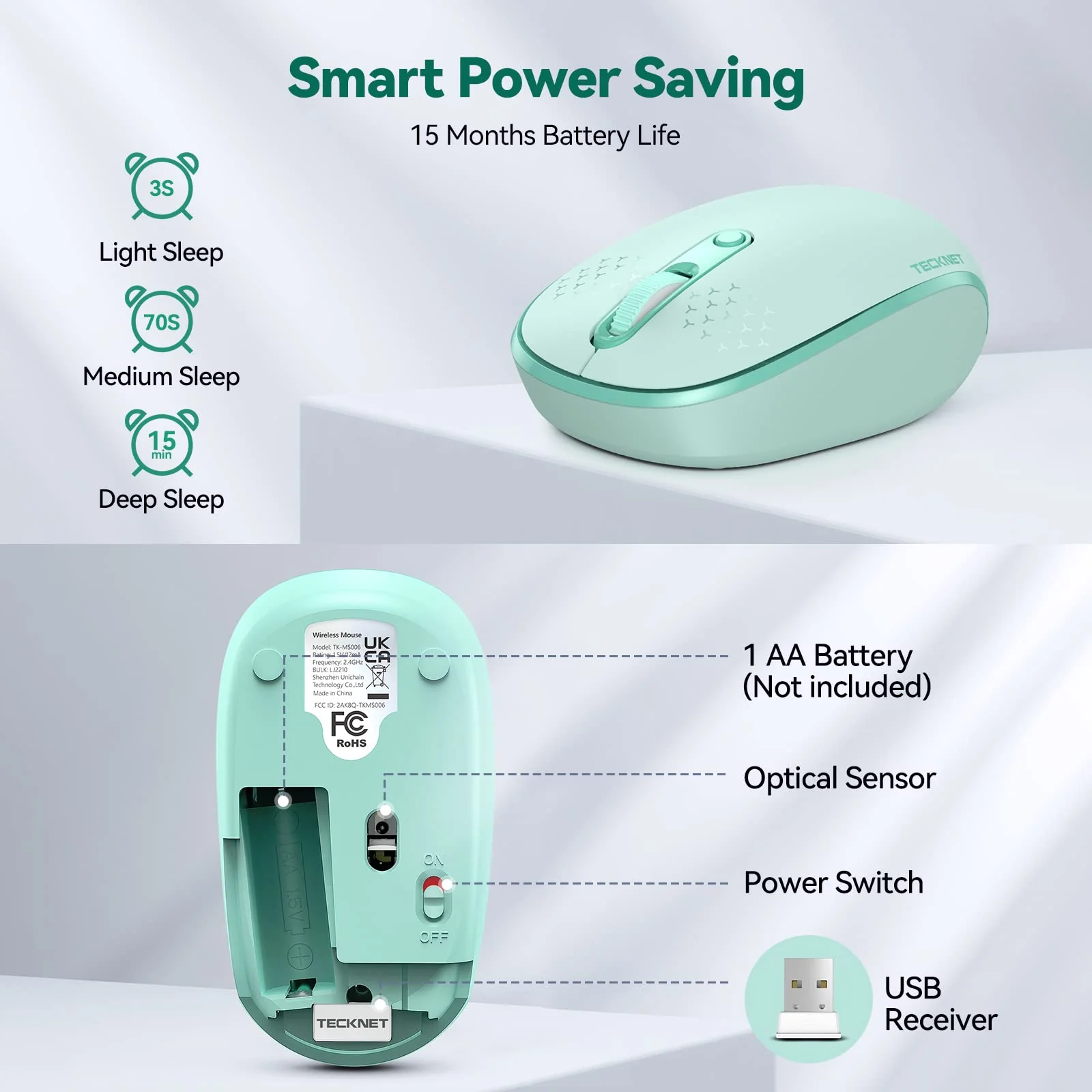 TECKNET Wireless Mouse for Laptop, 2.4G Quiet Computer Mouse with USB Receiver, 4 Buttons Portable Cordless Mice for Chromebook, Laptop, PC, Mac, 800/1200/1600 DPI - Mint Green - Image 6